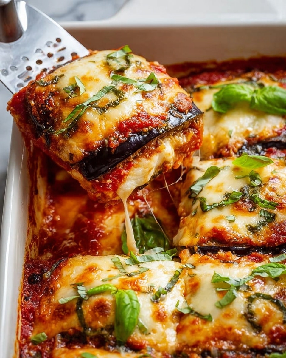 The image shows a white rectangular baking dish filled with layers of eggplant parmesan. The bottom layer is a chunky red tomato sauce with some visible cooked eggplant slices. Above this is a layer of melted golden and slightly browned cheese, covering the dish evenly. Scattered fresh green basil leaves are placed on top, adding a bright contrast. A silver spatula lifts one piece, revealing a visible layering of tomato sauce, melted cheese, and tender eggplant beneath. The dish sits on a white marbled surface. photo taken with an iphone --ar 4:5 --v 7