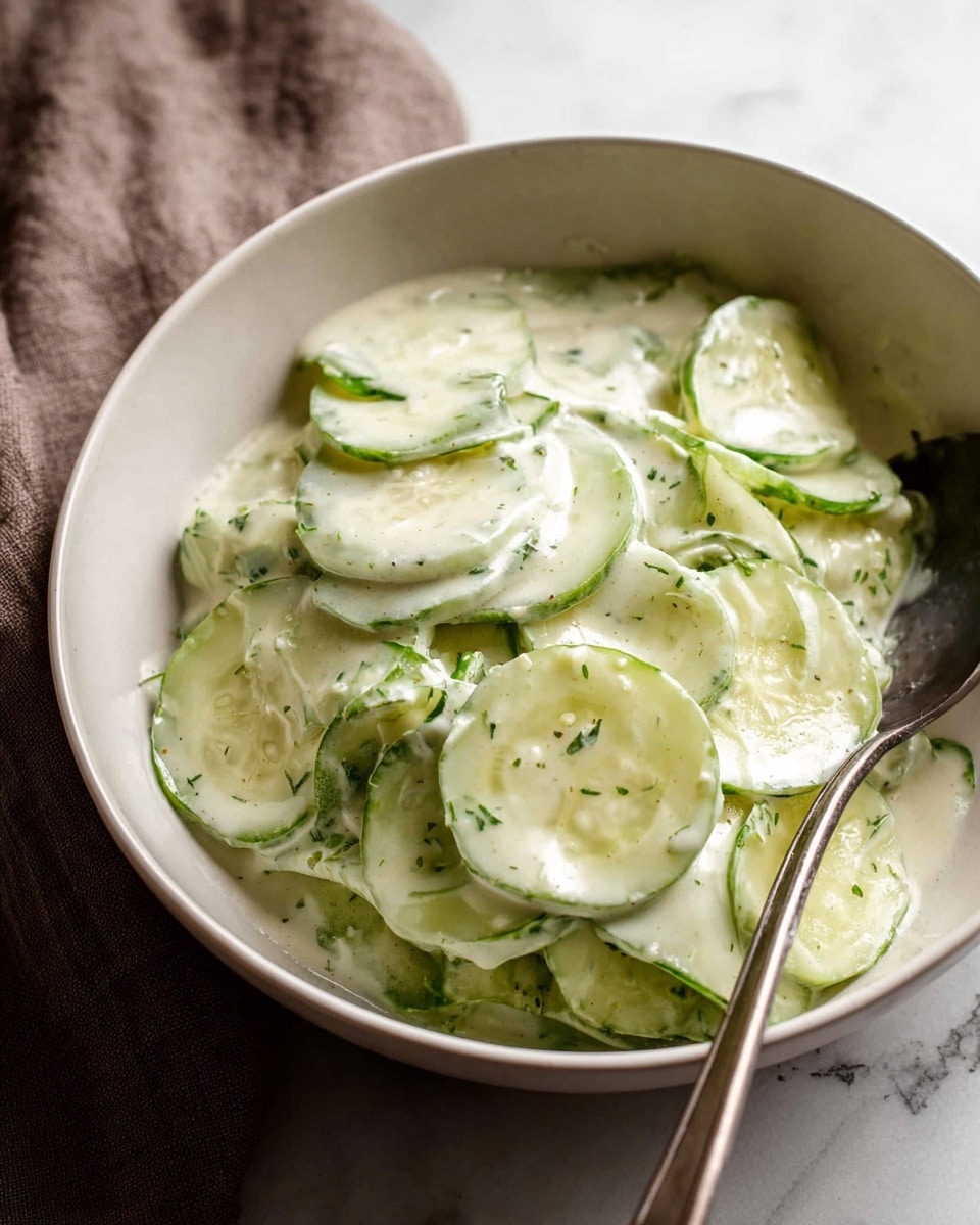 A close-up view of a white bowl filled with thin, pale green cucumber slices layered lightly and covered in a creamy, white sauce with a smooth texture that pools around the edges. The cucumber slices appear fresh and slightly glossy, and flecks of dark green herbs sprinkle the top, adding specks of contrast. A silver spoon rests on the inside edge of the bowl, partially submerged in the sauce. The bowl sits on a white marbled surface with a dark brown cloth casually gathered nearby. Photo taken with an iphone --ar 4:5 --v 7