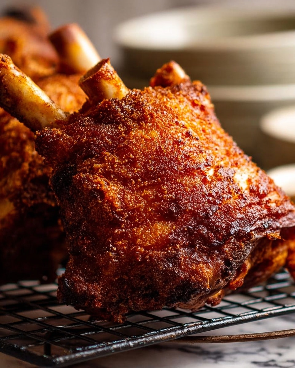 The image shows a close-up view of two large crispy roasted pork pieces with a deep golden-brown color and a textured, crunchy skin layer on top, covered in small bubbles and crisp edges. The thick meat underneath is juicy and darker brown, with visible charred spots, resting on a black metal cooling rack. The background has a white marbled texture that contrasts with the rich tones of the pork, making the roasted textures stand out. Photo taken with an iphone --ar 4:5 --v 7