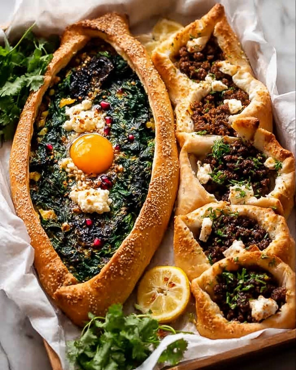 The image shows two types of flatbreads with a golden-brown crust arranged in a basket lined with white cloth. The first flatbread is shaped like a boat with a thick crust, filled with a layer of dark green cooked spinach mixed with white crumbled cheese, topped with a single bright yellow egg yolk in the center. The second flatbread pieces are rectangular with folded edges, filled with a dark minced meat mixture and sprinkled with white cheese, garnished with fresh green parsley leaves scattered around and between the breads. At the bottom right, there is a lemon cut into a flower shape adding a bright yellow accent. The basket sits on a white marbled surface. Photo taken with an iphone --ar 4:5 --v 7