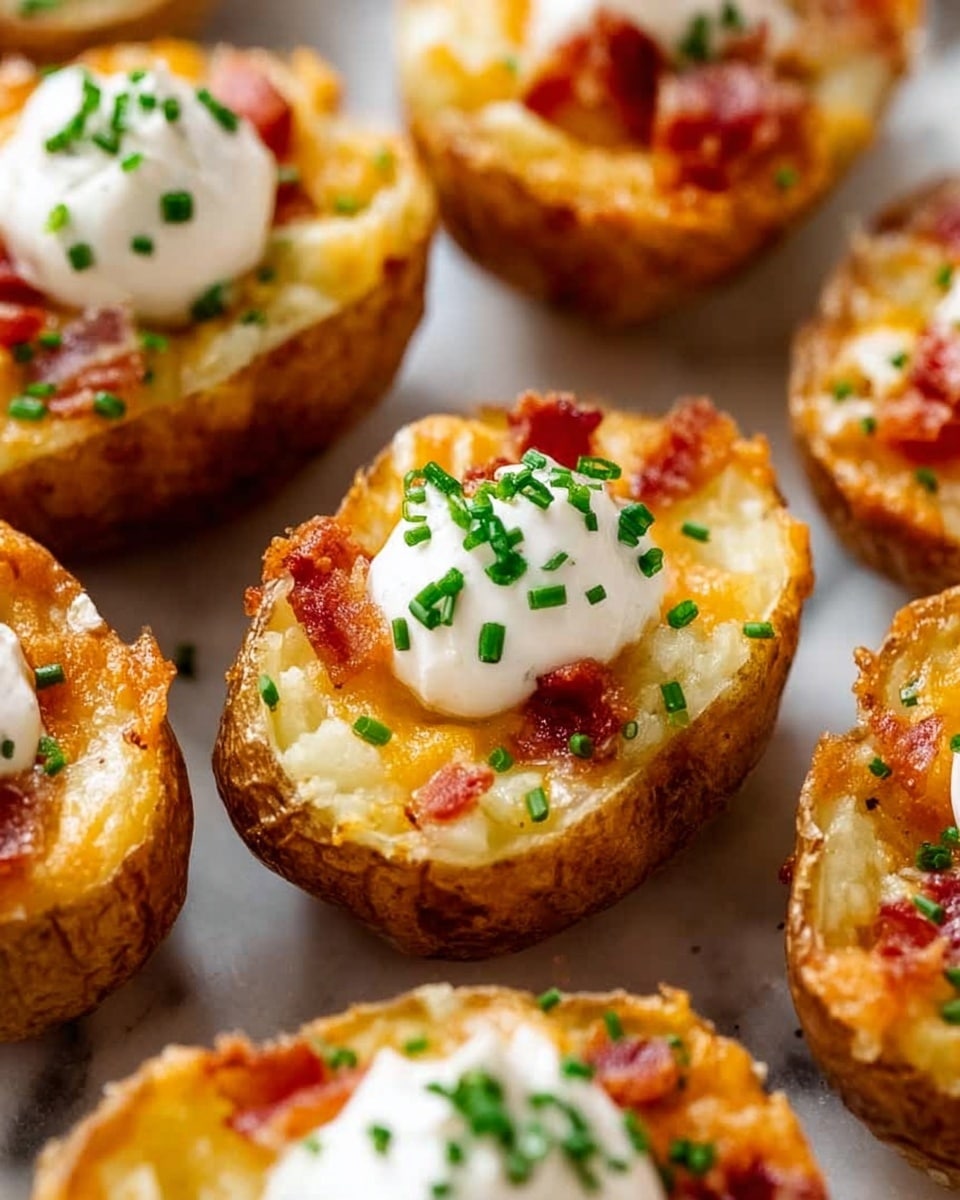 The image shows several golden brown twice-baked potato cups placed closely together. Each potato cup has a crispy textured outer skin that is brown and slightly wrinkled. Inside, the filling is creamy and yellow with melted cheese that looks bubbly and slightly browned on top. A dollop of smooth white sour cream sits centered on each potato cup, with small bright red bacon bits scattered on the sour cream. Tiny green chives are sprinkled both on the sour cream and around it. The potato cups are placed against a white marbled texture background. photo taken with an iphone --ar 4:5 --v 7