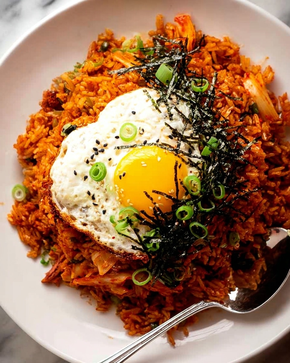 The image shows a white plate filled with a large mound of orange-colored fried rice that has visible bits of kimchi and some strands of cabbage mixed in, giving the rice a textured look. On top of the rice, there is a perfectly cooked sunny-side-up egg with a bright yellow yolk and a white that is smooth and slightly shiny. The egg is garnished with small black sesame seeds scattered around. Wrapped around the base of the egg and on a portion of the rice are thin dark green seaweed strips, and fresh green onion slices are sprinkled over the rice and egg, adding pops of bright green color. The dish sits on a white marbled surface, and a spoon is placed near the edge of the plate. photo taken with an iphone --ar 4:5 --v 7