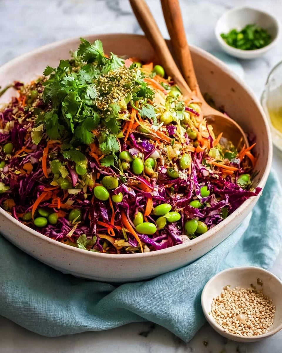 A large white bowl filled with a colorful layered salad sits on a white marbled surface. The base layer is made up of shredded purple cabbage and finely chopped carrots, giving a mix of deep purple and bright orange colors. On top, there is a green layer of edamame beans and small chopped green vegetables. Fresh cilantro leaves are scattered over everything, adding a bright green pop. Two wooden salad spoons rest inside the bowl, partly covered by the salad. In the foreground, a small white dish with a sprinkle of beige seasoning and a cilantro leaf sits on the white marbled surface, adding contrast to the vibrant salad. photo taken with an iphone --ar 4:5 --v 7