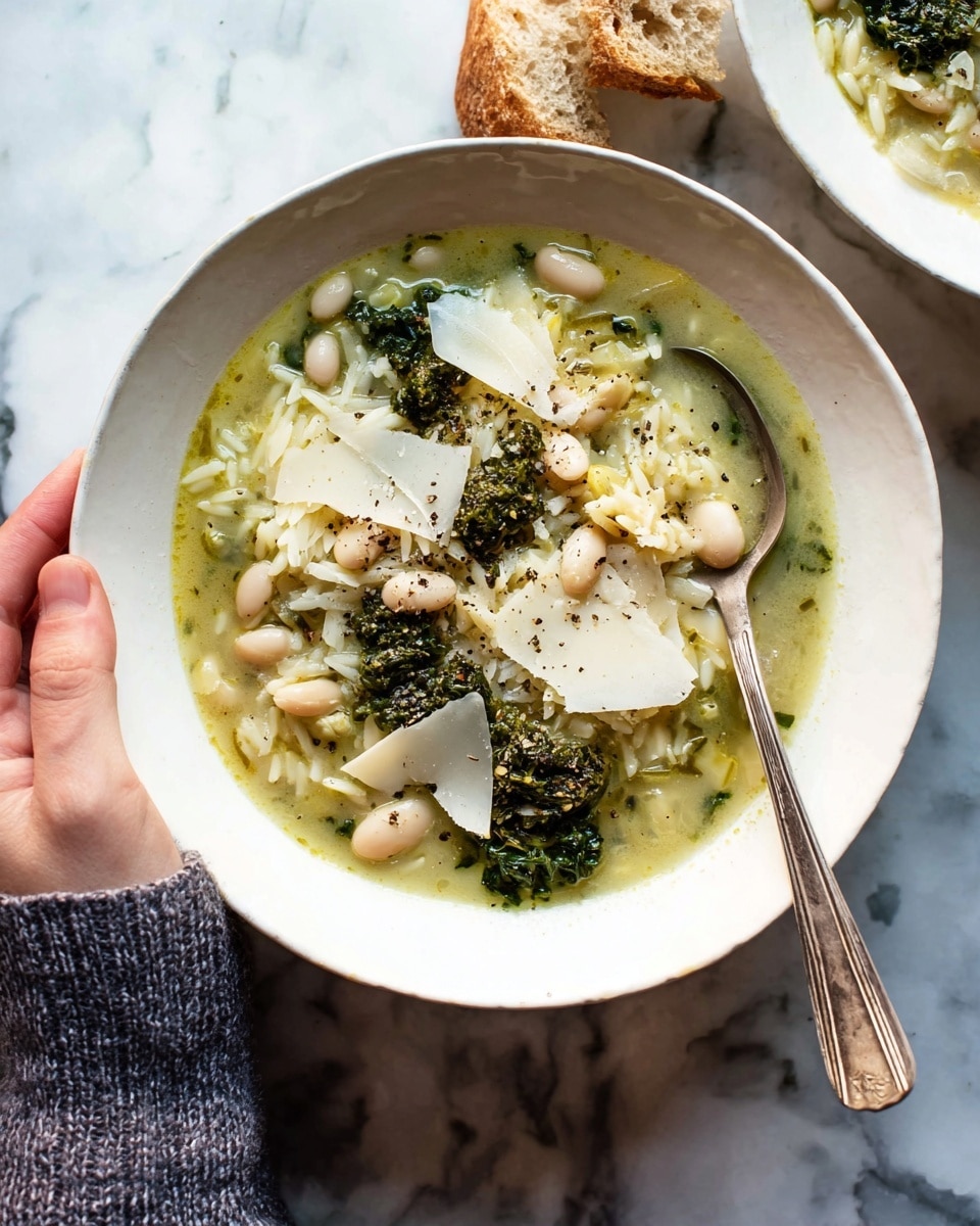 A white bowl holds creamy soup with visible layers including tender orzo pasta at the base, a green leafy vegetable layer scattered throughout, and a light pale green broth making up most of the top part. The soup is garnished with thin-off white cheese slices, small white beans, and droplets of olive oil. A vintage silver spoon is partially submerged on the left side of the bowl, held by a woman's hand wearing a light gray knit sweater. In the background, there is a second bowl of soup partially visible and a torn piece of bread placed on a white marbled texture. Photo taken with an iphone --ar 4:5 --v 7