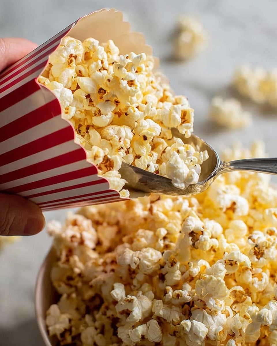 A woman's hand is holding a white and red striped popcorn box, tilted to pour out fluffy, light yellow popcorn with a slightly browned texture, shaped irregularly with puffed kernels. A metal scoop filled with popcorn is positioned above the large container below, which is filled to the brim with popcorn showing a mix of popped pieces in shades of pale yellow and light golden brown. The background and surface have a white marbled texture. photo taken with an iphone --ar 4:5 --v 7