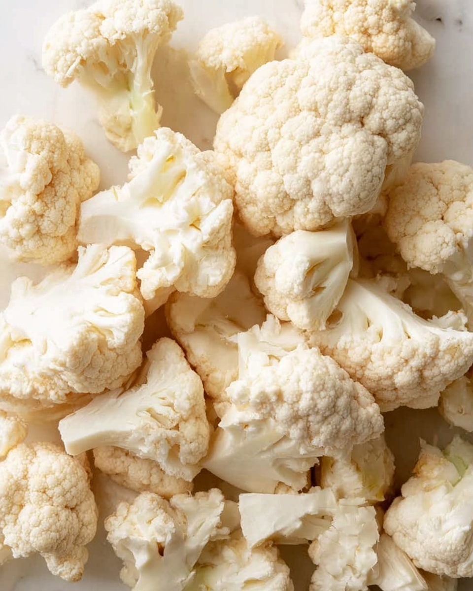 The image shows a close-up of many small cauliflower florets scattered on a white marbled surface. Each piece varies slightly in size and shape, with a creamy white color and a bumpy textured surface that is typical of cauliflower. The florets have short, firm stems and tightly packed heads that give them a rough, cloud-like appearance. The lighting is soft, highlighting the natural detail and slightly uneven edges of the cauliflower pieces. photo taken with an iphone --ar 4:5 --v 7