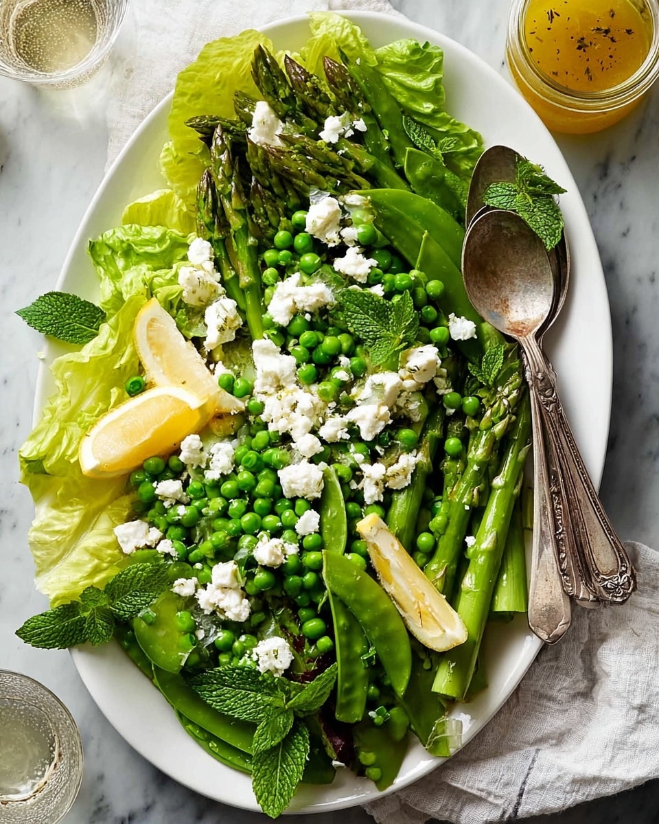 A white oval plate holds a fresh salad with three main layers: the bottom layer is made of large green snap peas and leafy romaine lettuce leaves arranged around the edges, the middle layer shows vibrant, slightly charred green asparagus spears placed diagonally, and the top layer is scattered with bright green peas and small white dollops of soft cheese, lightly sprinkled with black pepper. Thin, pale yellow lemon slices are placed on top near the center, with some mint leaves adding a touch of darker green. On the right side of the plate, two silver spoons rest partially on the salad. In the background, there is a glass jar with yellow dressing and a silver spoon inside, all set on a white marbled surface. Photo taken with an iphone --ar 4:5 --v 7