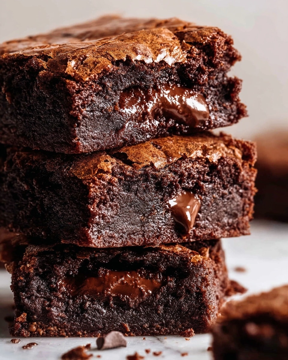 A stack of three thick brownies is shown, each piece layered one on top of the other. The top and middle layers have a dry, cracked light brown surface that contrasts with the dark, gooey and shiny melted chocolate inside. The bottom layer shows part of the rich chocolate base with a few crumbs visible around. The gooey chocolate filling is melting out from the middle layers, creating a soft and dense texture. The background is a white marbled texture that brings focus to the rich chocolate squares. photo taken with an iphone --ar 4:5 --v 7