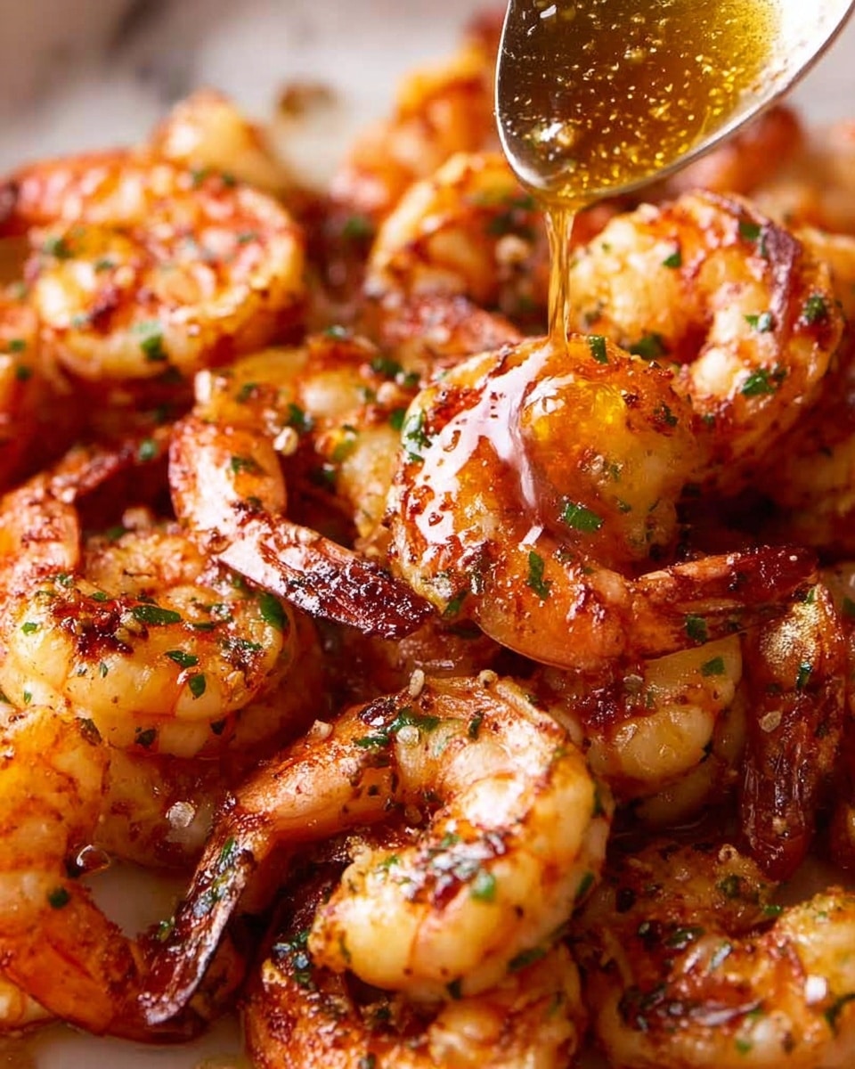 The image shows a close-up of cooked shrimp with a glossy, slightly charred orange-pink color, seasoned with small green herb flakes scattered over them. A spoon is held by a woman's hand dripping a golden sauce over the shrimp, adding a shiny texture to the top layer. The shrimp are piled closely together, filling the frame, with visible grill marks and a juicy, tender look against a white marbled surface. photo taken with an iphone --ar 4:5 --v 7