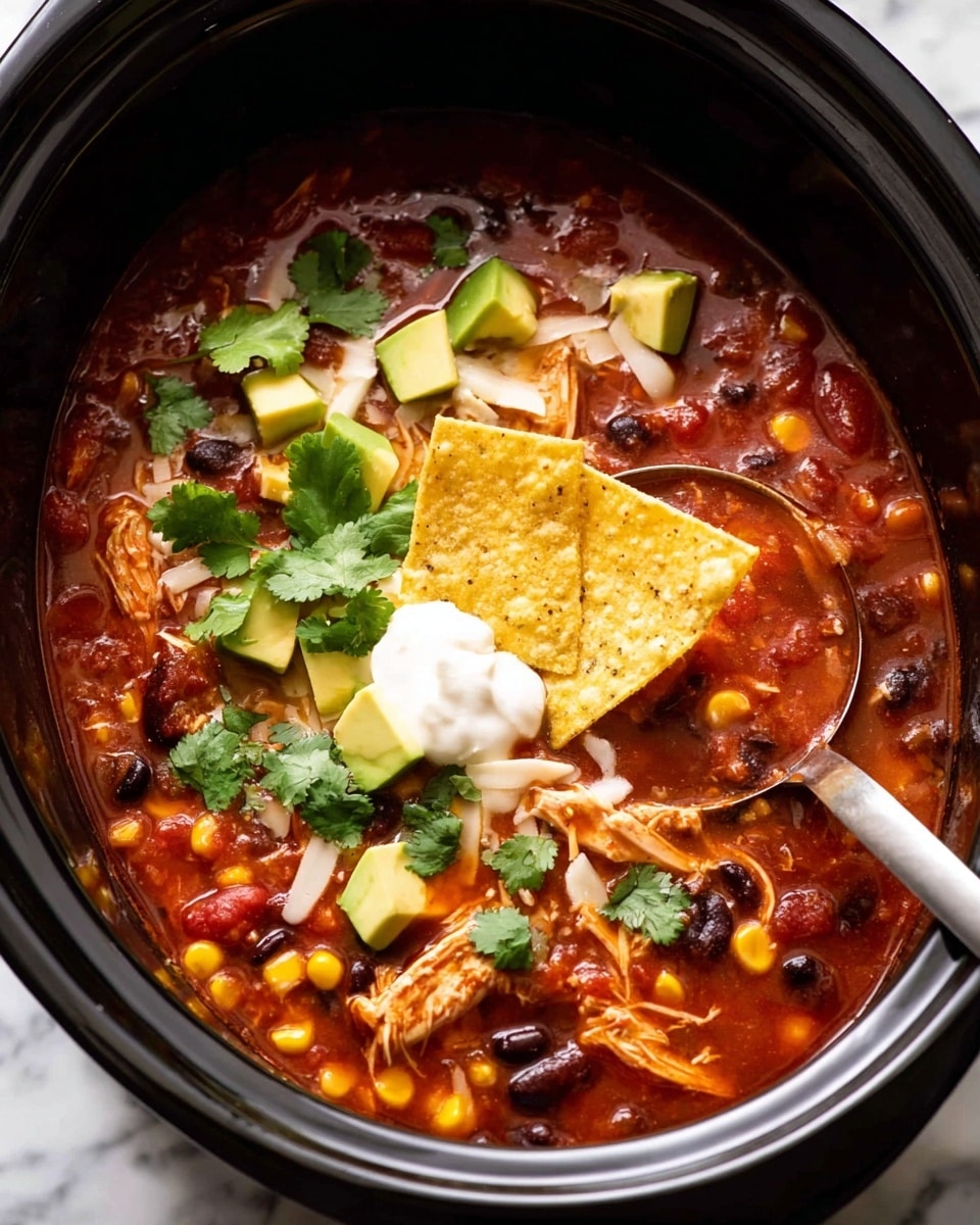 A close-up view of a black slow cooker filled with a thick, red tomato-based soup full of yellow corn kernels, black beans, shredded chicken, and small red pepper pieces. On top, there is a dollop of white sour cream, sprinkled with green cilantro leaves and chunks of bright green avocado. Two round yellow tortilla chips rest on the edge inside the soup. A silver ladle is partially submerged on the right side, scooping some of the soup. The entire scene is set on a white marbled textured surface. photo taken with an iphone --ar 4:5 --v 7