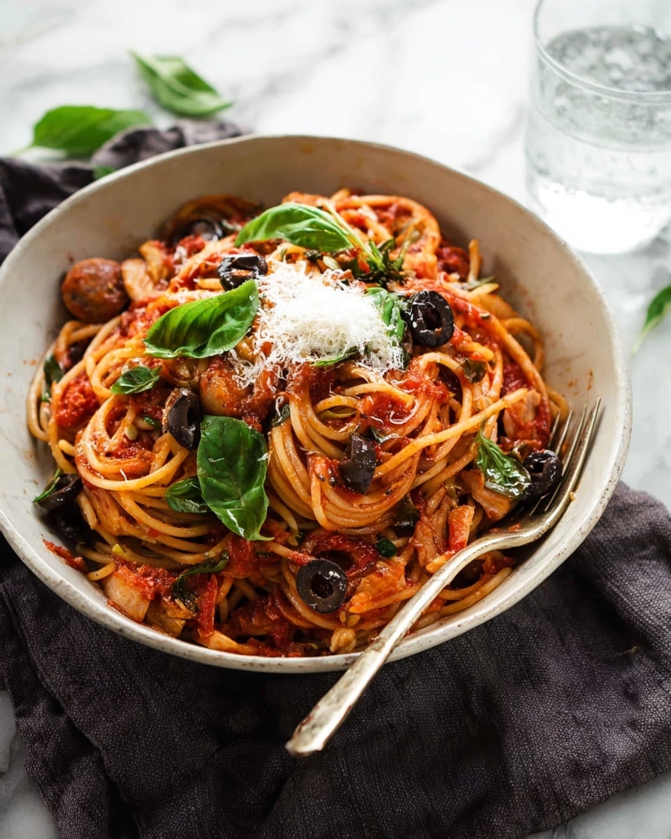 A white bowl holds a serving of spaghetti mixed with chunky red tomato sauce, scattered with sliced black olives and small pieces of cooked chicken. Bright green basil leaves are spread on top and around the pasta, adding a fresh touch. Some grated white cheese is sprinkled over the center, resting on top of the pasta mound. A silver fork is stuck into the spaghetti at the back of the bowl. The bowl is placed on a dark cloth on a white marbled surface. Photo taken with an iphone --ar 4:5 --v 7
