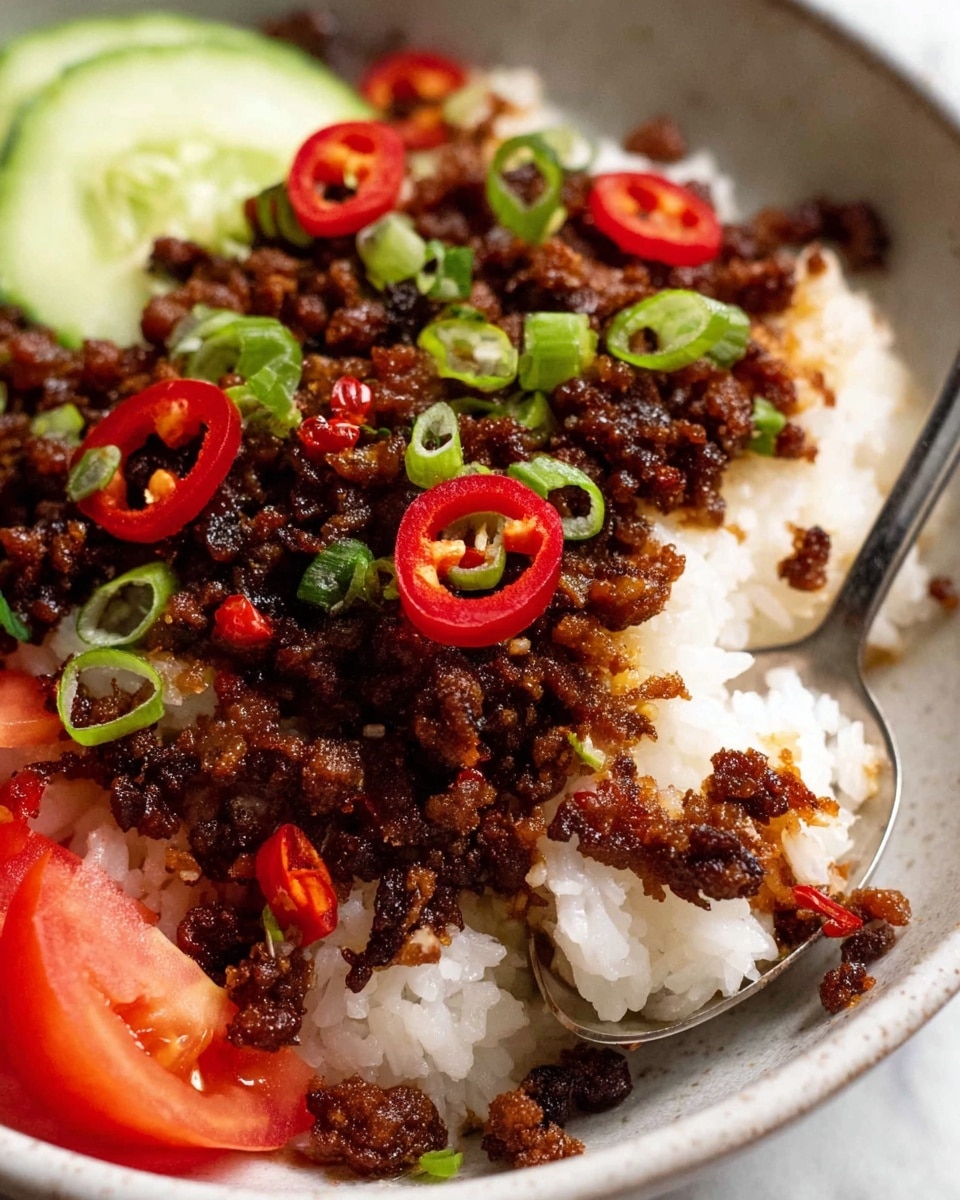 This close-up image shows a bowl with three main layers. The bottom layer is white rice with a fluffy texture. On top of the rice is a layer of dark golden-brown crispy cooked meat bits, mixed with sliced green onions and thin red chili rings spread evenly. In the corner of the bowl, there are a few slices of red tomato and a piece of cucumber visible. A metal spoon rests in the bowl, holding some of the meat and rice. The bowl is white, and the background surface is a white marbled texture. Photo taken with an iphone --ar 4:5 --v 7