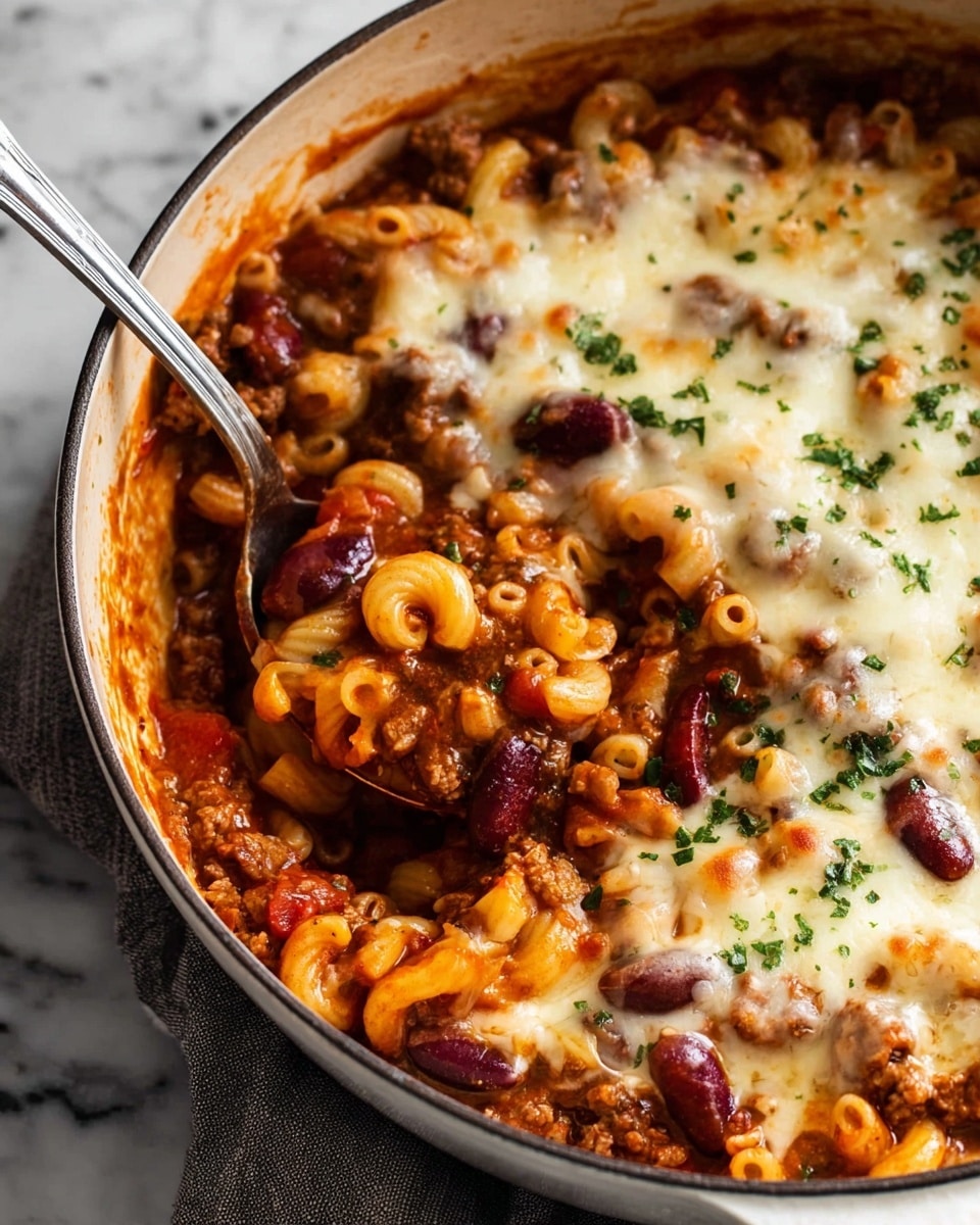 A close-up view of a thick pasta casserole in a white pot on a white marbled surface, showing two main layers: the bottom layer mostly consists of elbow macaroni mixed with dark red kidney beans, ground meat, and small diced red peppers in a rich brown sauce, while the top layer is a melted, creamy white cheese sprinkled lightly with green herbs, partially covering the pasta mixture. A large silver spoon is scooping into the pot from the top edge, revealing the pasta blend under the cheese layer. The pot edges are smeared slightly with the sauce. Photo taken with an iphone --ar 4:5 --v 7