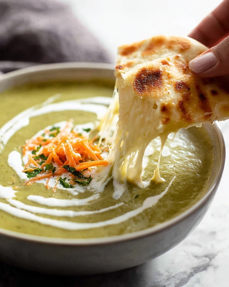 A close-up view of a warm bowl of creamy green soup with a smooth, thick texture, topped with a swirl of white cream and a small pile of shredded orange cheese mixed with green herbs placed near the center. A woman's hand is dipping a piece of soft, slightly browned bread with melted cheese stretching from the bread into the soup. The soup is in a round, white bowl set against a white marbled surface. A silver spoon is partially visible, resting in the soup at the back of the bowl. photo taken with an iphone --ar 4:5 --v 7