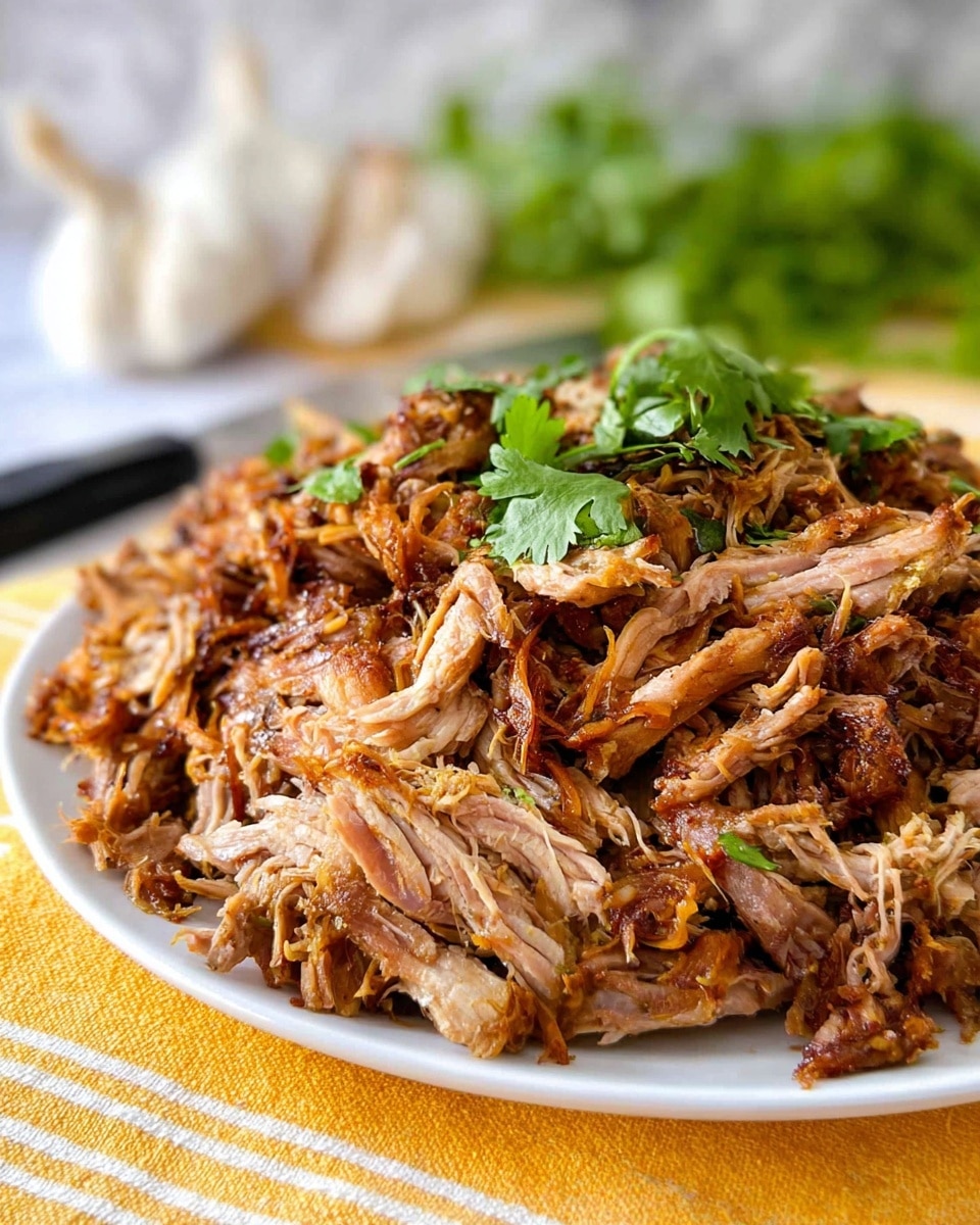 A large white plate piled high with shredded, cooked pork that has a mix of golden brown and darker crispy edges, showing a texture mix of soft and crunchy pieces. On top, there is a small bunch of fresh green cilantro leaves adding a pop of color. The plate rests on a folded yellow and white striped cloth on a white marbled surface. In the blurred background, there are some garlic cloves and a knife on a white cutting board. Photo taken with an iphone --ar 4:5 --v 7