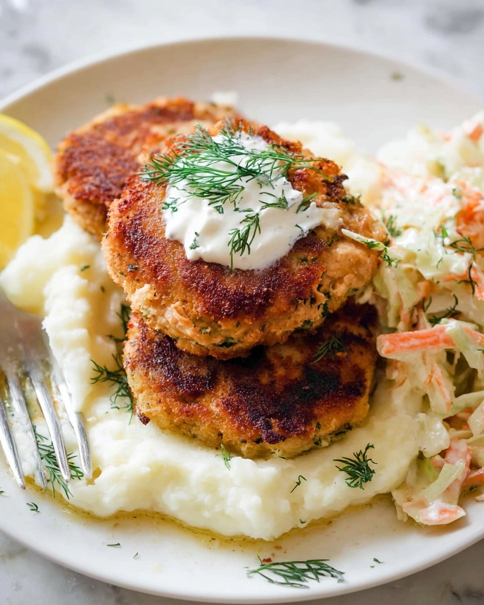 The dish shows three golden-brown salmon patties stacked slightly overlapping on top of a thick, creamy white mashed potato layer spread across a white plate, with a dollop of white sour cream and small green dill leaves on the top patty. To the right side of the plate, there is a heap of creamy coleslaw made with shredded pale green cabbage and thin orange carrot strands, giving a soft texture contrast. On the left side, a half lemon wedge rests touching the mashed potatoes. The entire plate sits on a white marbled surface. Photo taken with an iphone --ar 4:5 --v 7