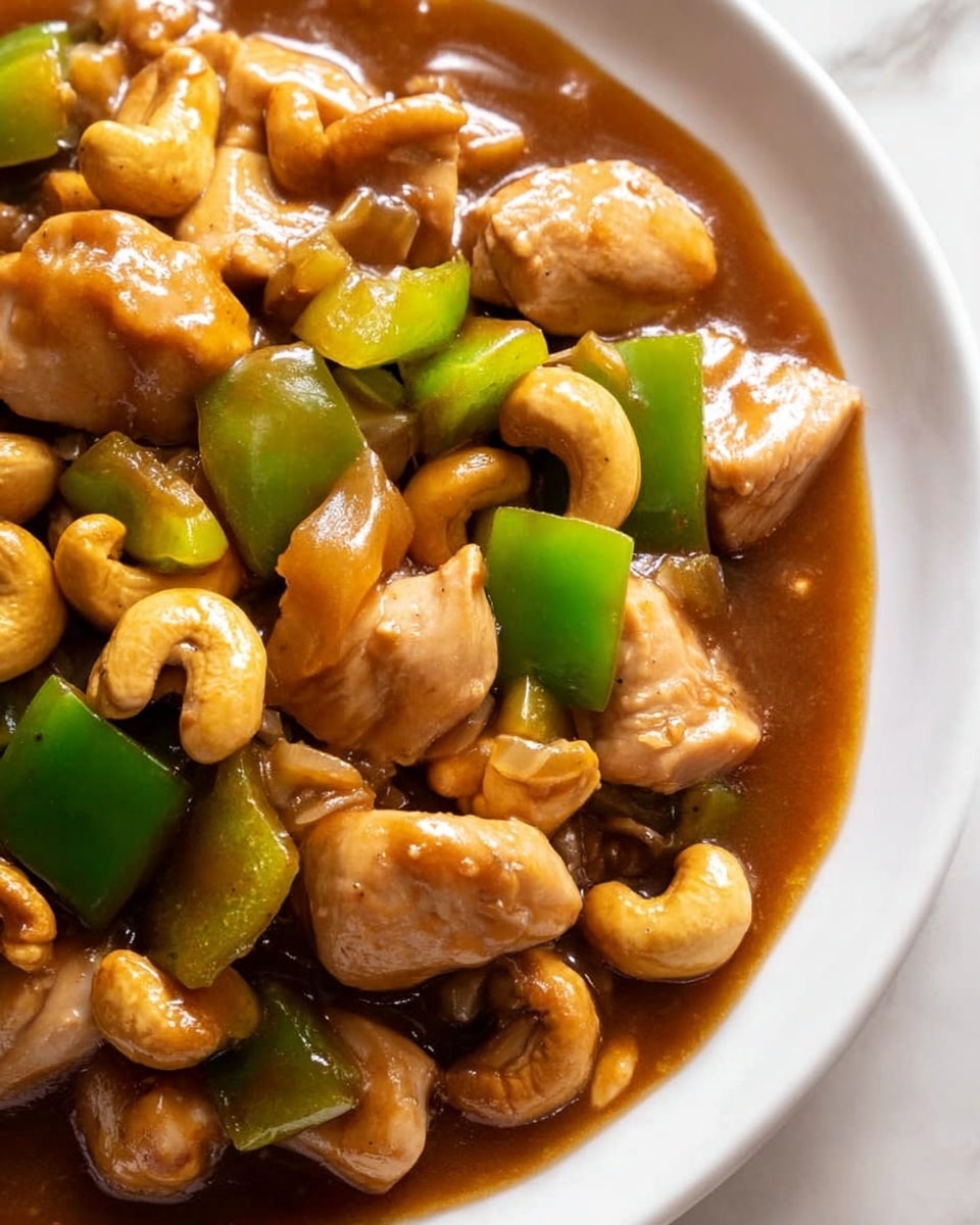 A close-up view of a stir-fry dish served on a white plate, featuring chunks of light brown cooked chicken pieces mixed with whole lightly toasted cashews and bright green bell pepper slices cut into medium-sized pieces. The ingredients are coated with a glossy, thick brown sauce that pools slightly at the edge of the plate. The textures show tender chicken, crunchy nuts, and crisp vegetables. The background surface is a white marbled texture. photo taken with an iphone --ar 4:5 --v 7