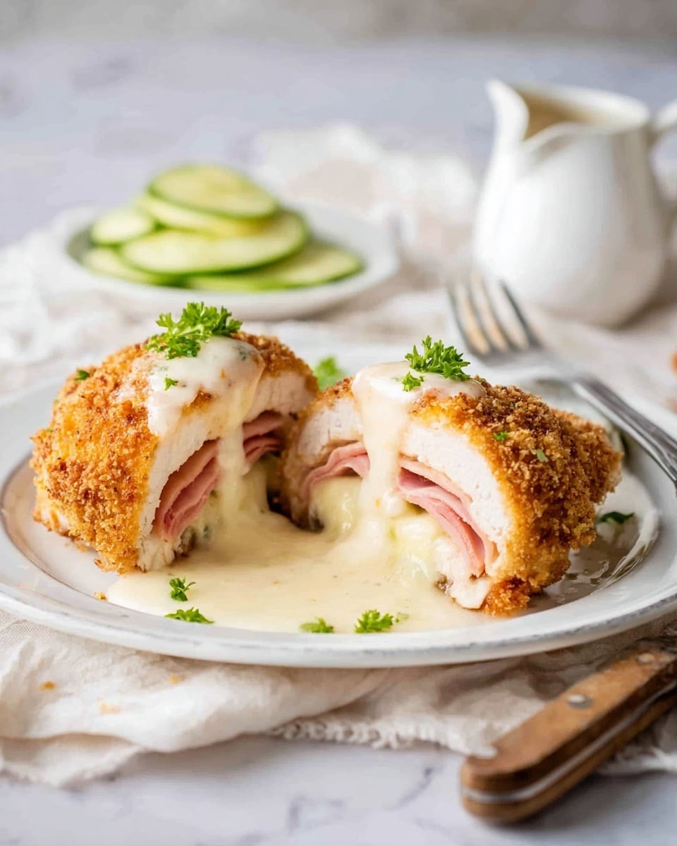 The dish shows two pieces of chicken cordon bleu cut in half, placed on a white plate on a white marbled surface. Each piece has four layers visible: a golden-brown crispy breadcrumb outer layer, then a white cooked chicken layer, followed by a pink ham layer, and finally a melted creamy cheese layer in the center. One piece is topped with creamy white sauce that is also pooled slightly on the plate. There is a small green parsley garnish on each piece. Toward the back of the plate is a small pile of thinly sliced pale green cabbage or lettuce. In the background, a white sauce jug and the edge of a knife are partially visible. photo taken with an iphone --ar 4:5 --v 7