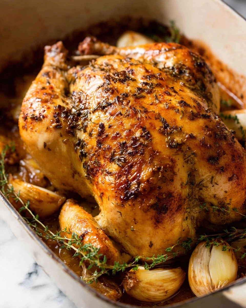 A whole roasted chicken with a crispy, golden-brown skin sits in a white baking dish, covered in a layer of dark, finely chopped herbs and spices. The chicken glistens with a light shine from its juices, showing slight charring and browned spots on the skin. Around the chicken, visible pieces of caramelized onions and garlic cloves add texture and color inside the dish. The edges of the white baking dish show some roasted residue, giving a rustic, well-cooked look. The background is a white marbled surface. photo taken with an iphone --ar 4:5 --v 7