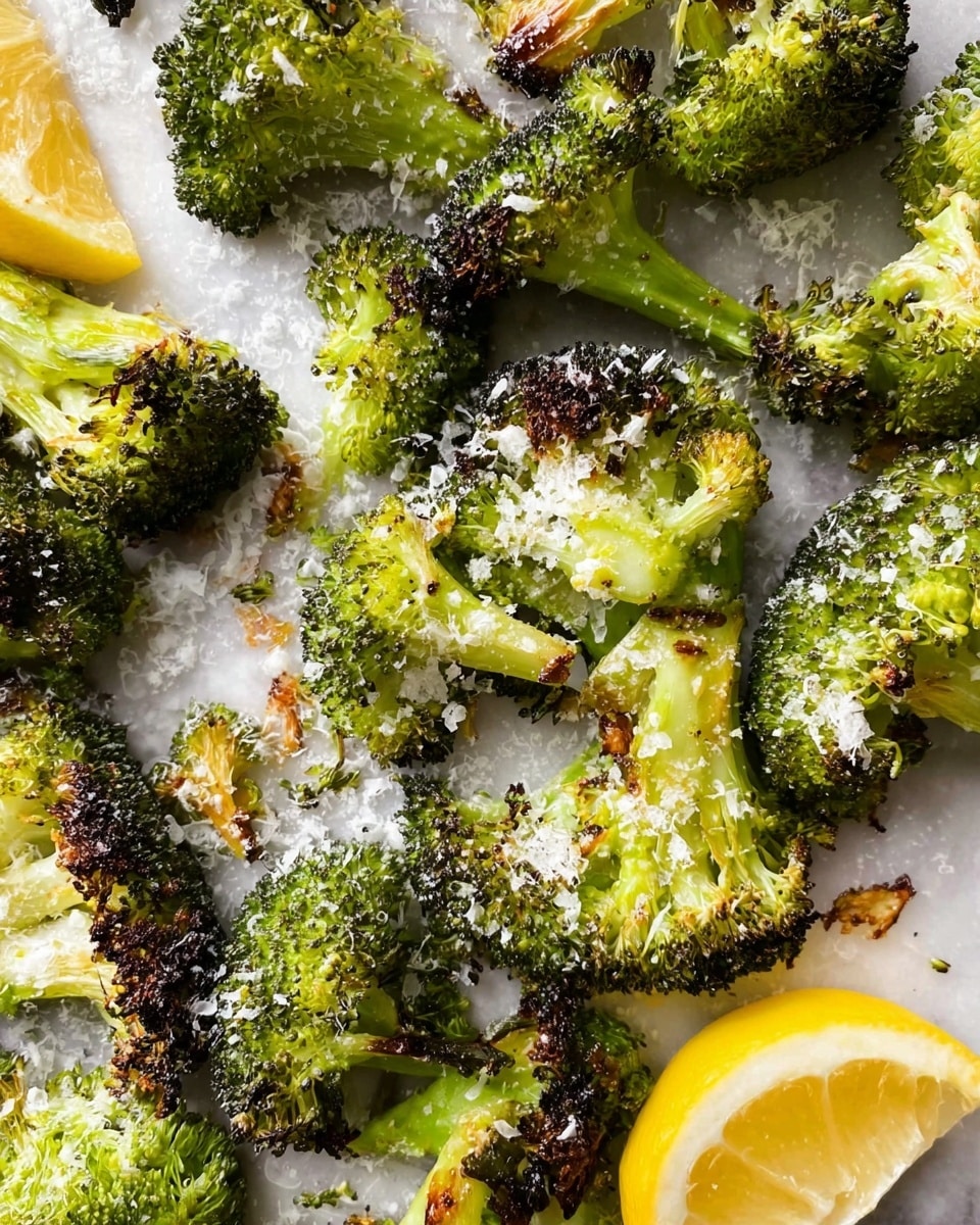 The image shows roasted broccoli pieces on a white marbled surface. The broccoli has a vibrant green color with charred dark brown edges, creating a crispy texture. Some pieces have a light sprinkle of grated white cheese and small browned garlic slices. In the corner, there are two thin lemon slices with a pale yellow color, adding a fresh touch to the scene. The overall look is rustic and appetizing with a mix of green, golden brown, and yellow hues. photo taken with an iphone --ar 4:5 --v 7