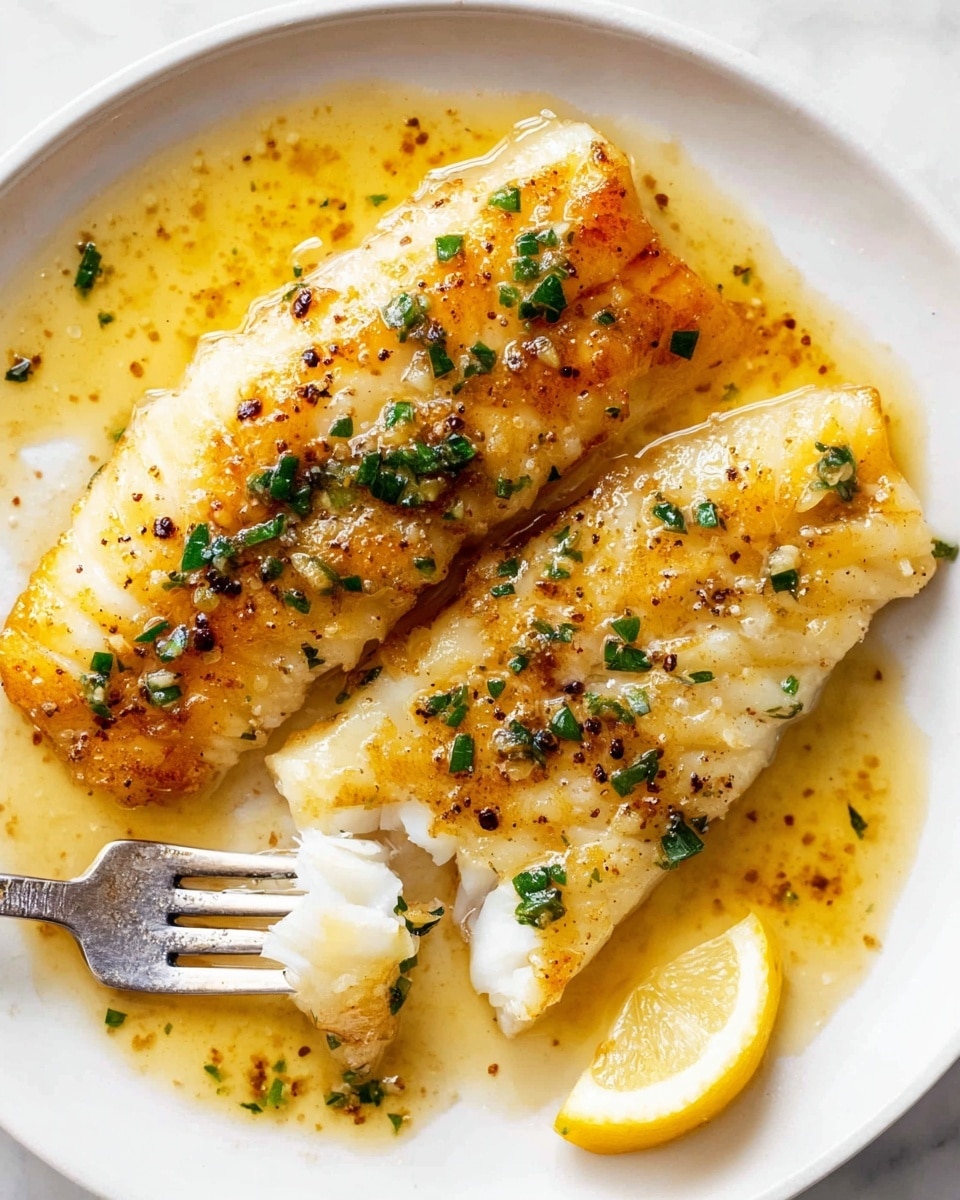A white plate holds two pieces of golden brown cooked fish fillets, each coated with a shiny layer of orange-yellow buttery sauce that pools slightly around them. The top of the fillets has small bits of green chopped herbs and specks of black pepper sprinkled over the surface. One fillet is being gently cut into with a metal fork, showing its soft, white flaky inside. A small wedge of lemon sits near the bottom edge of the plate, adding a touch of bright yellow. The whole scene is set on a white marbled surface. Photo taken with an iphone --ar 4:5 --v 7