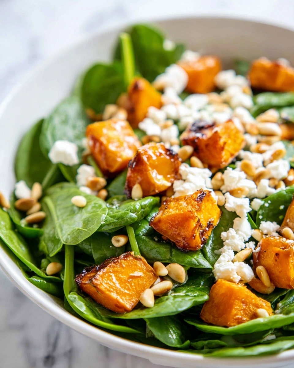 The image shows a close-up of a fresh salad in a white bowl, placed on a white marbled texture. The salad has a base layer of bright green spinach leaves, fresh and slightly shiny. On top, there are many medium-sized cubes of roasted butternut squash, showing caramelized brown edges and a rich orange color. Scattered over the salad are small chunks and crumbles of white feta cheese, adding a crumbly texture. Finally, small golden pine nuts are sprinkled evenly across the dish, giving a crunchy look and contrast. There is a light dressing visible as a shiny glaze over the butternut squash and spinach leaves. photo taken with an iphone --ar 4:5 --v 7