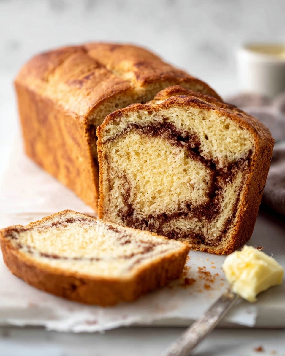 A loaf of cinnamon swirl bread is sliced and placed on a white marbled surface. The loaf has a golden brown crust with a soft, beige inside showing dark brown cinnamon swirls evenly mixed in the bread. In the foreground, a single slice is spread with butter, highlighting the soft texture. Crumbs are scattered around the bread, and in the blurred background, there are two glasses filled with a white liquid. The photo has a bright natural light and warm tones, photo taken with an iphone --ar 4:5 --v 7