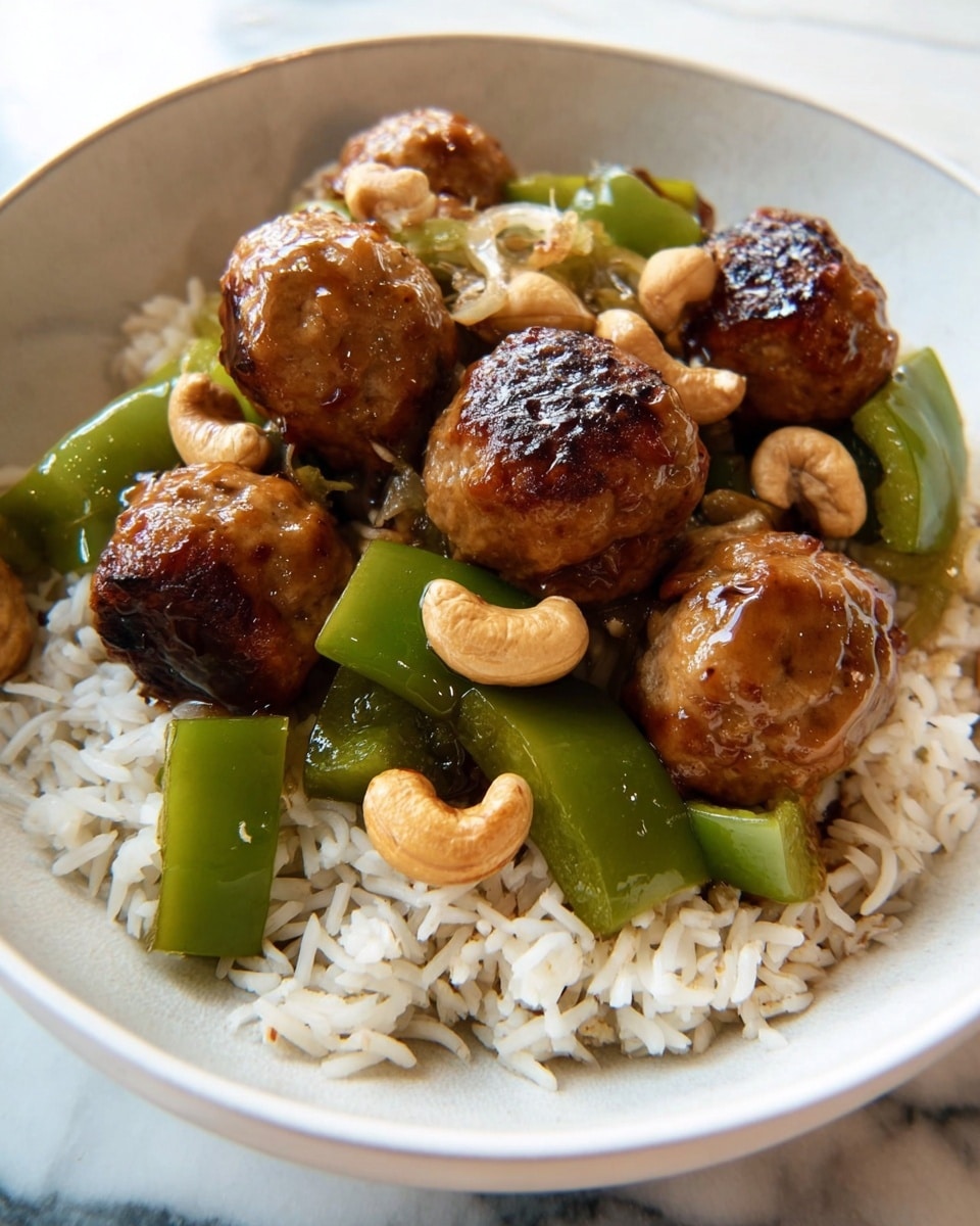 A white bowl with a beige speckled pattern holds a dish made of three main layers. At the bottom is a base of white rice with separate grains, fluffy in texture. On top of the rice are glossy, brown meatballs with a slightly charred look and a smooth, shiny sauce coating. Scattered between the meatballs are chunks of bright green bell pepper with a soft, cooked texture and whole light brown cashew nuts that look roasted. The whole dish is covered lightly in a thick, dark brown sauce that glistens. The bowl sits on a white marbled surface. Photo taken with an iphone --ar 4:5 --v 7