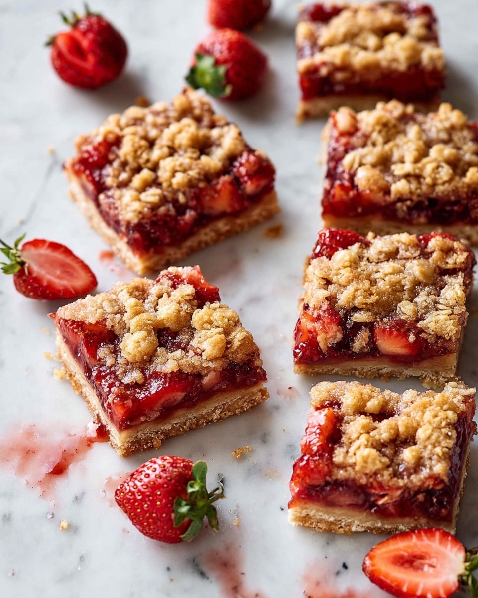 The image shows several square strawberry crumble bars arranged on white marbled surface with some fresh strawberries scattered around. Each bar has three layers: the bottom layer is a thick, golden-brown crust, the middle layer is a vibrant red strawberry filling with visible chunks of strawberries, and the top layer is a crumbly oat topping in light brown color with a rough texture. One bar is cut to show the inside layers clearly. The surface has some strawberry juice stains and small crumbs around the bars. photo taken with an iphone --ar 4:5 --v 7