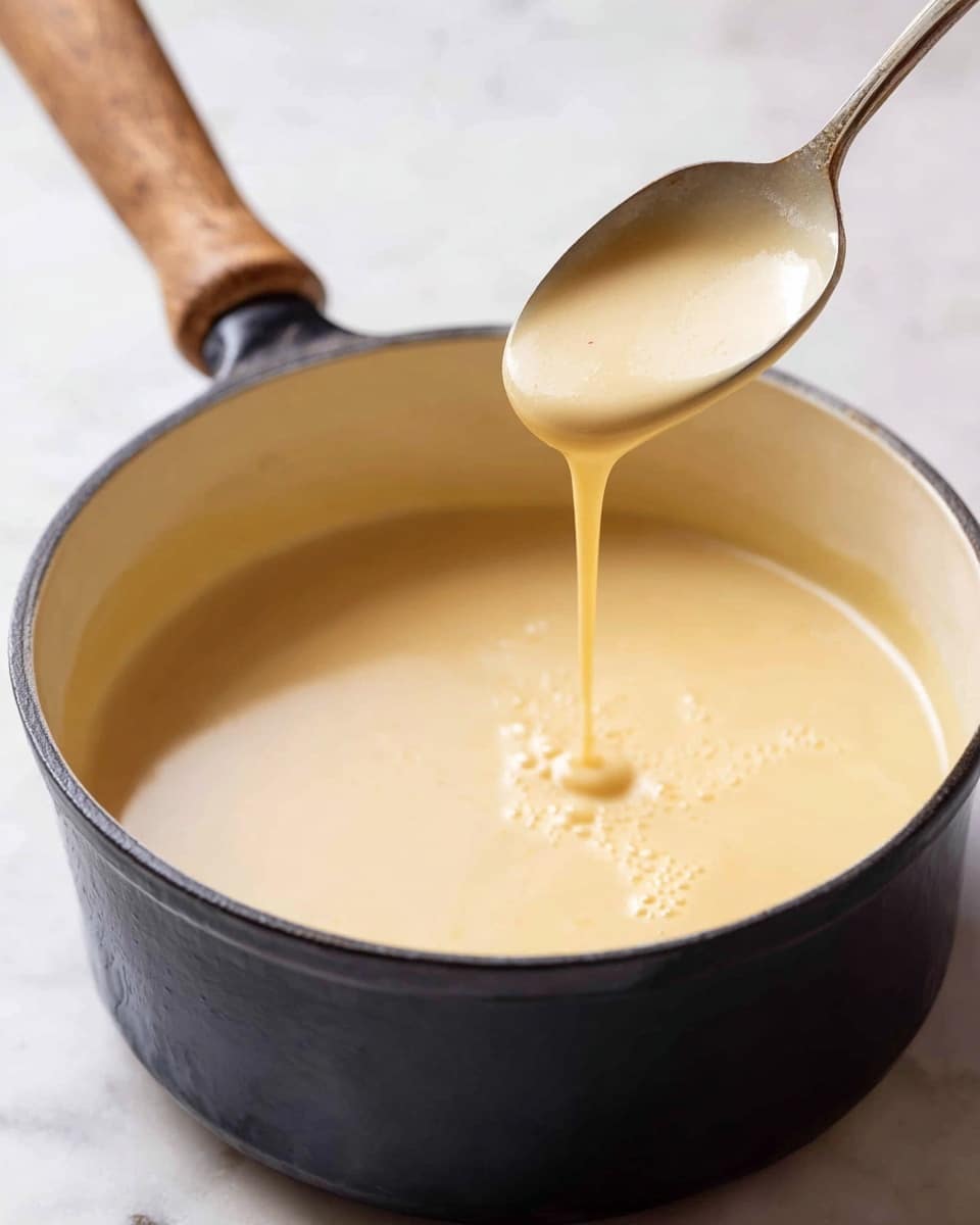 A black pot with a wooden handle sits on a white marbled surface, filled with a smooth, creamy light yellow sauce. A spoon, held above the pot by a woman's hand, drips the thick sauce back into the pot in a steady stream, showing its rich and silky texture. The pot’s inside surface is a soft cream color, creating a warm contrast with the sauce inside. photo taken with an iphone --ar 4:5 --v 7