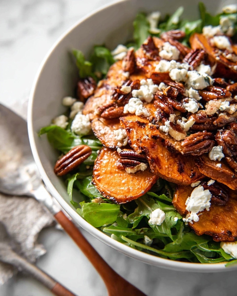 A close-up of a salad served in a white bowl placed on a white marbled surface. The salad has three main layers: the bottom layer is fresh green arugula leaves, the middle layer consists of roasted orange sweet potato pieces with a slightly charred look, and the top layer is sprinkled with crumbled white goat cheese and whole pecan nuts, adding texture and color contrast. Some pecans and cheese bits scatter slightly over the greens and sweet potatoes, giving the salad a fresh and rich appearance. Photo taken with an iphone --ar 4:5 --v 7