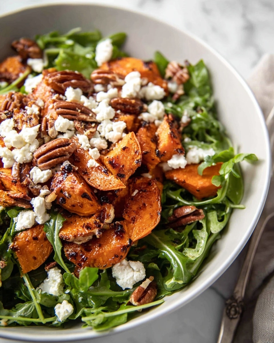 A close-up of a salad served in a white bowl, placed on a white marbled surface. The salad has several layers: at the bottom is a layer of fresh green leaves that look like arugula, followed by a layer of roasted orange sweet potato slices with slightly charred edges. On top, there are scattered pecan halves with a rich brown color and white crumbly cheese pieces sprinkled over everything. The colors contrast nicely with the green leaves, orange-sweet potatoes, brown pecans, and white cheese, and a spoon with a wooden handle is visible next to the bowl. Photo taken with an iphone --ar 4:5 --v 7