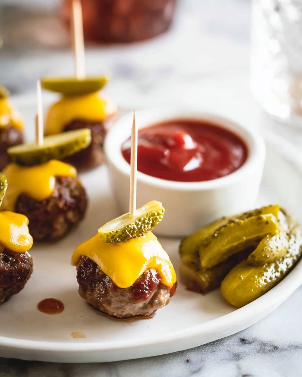 A white round plate holds several small meatballs topped with melted yellow cheese, each pierced by a wooden toothpick skewering a green mini pickle on top. There is a small white cup filled with red dipping sauce on the plate, with another meatball dipped in it. Some mini pickles are placed on the side of the plate. The plate sits on a white marbled surface with soft natural light. photo taken with an iphone --ar 4:5 --v 7