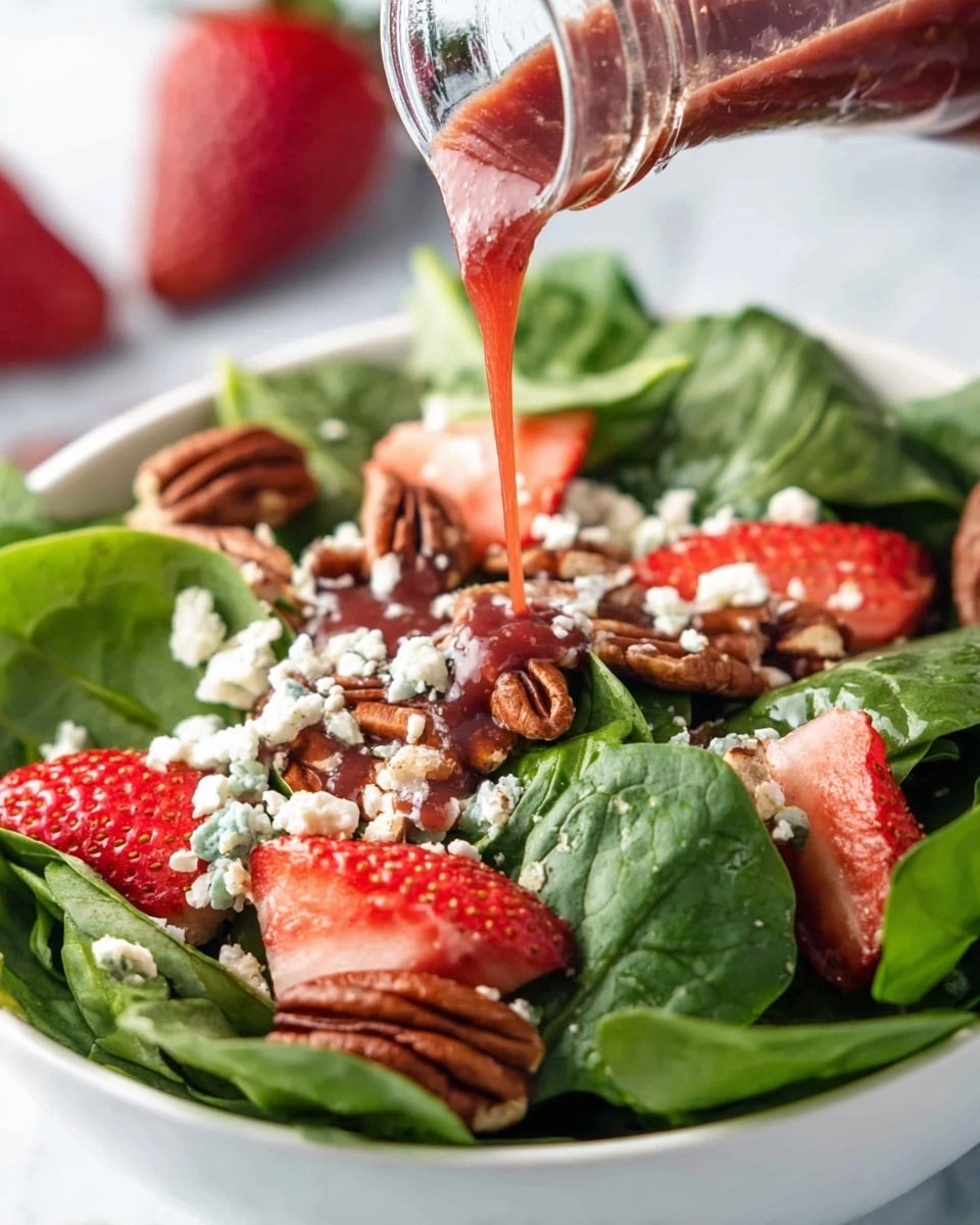 A fresh spinach salad is shown in a white bowl on a white marbled surface, filled with green spinach leaves as the base layer. On top, there are bright red sliced strawberries and brown pecans scattered evenly. White crumbled cheese pieces are spread across the salad. A thick red dressing is being poured from a glass bottle over the salad, covering the pecans and spinach near the center. Blurred strawberries can be seen in the background. photo taken with an iphone --ar 4:5 --v 7