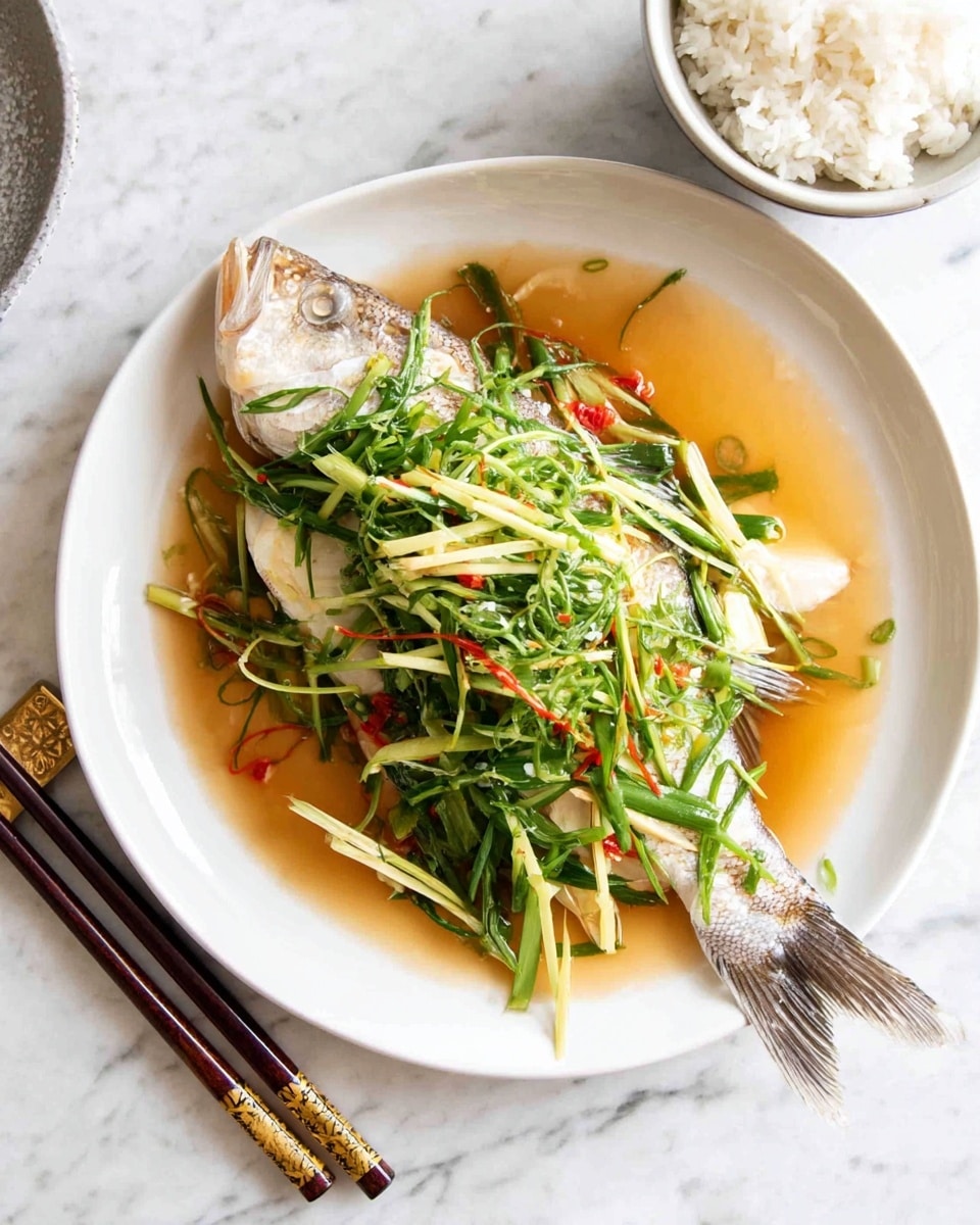 A whole steamed fish lies flat on a white round plate, covered in a light brown sauce that pools around the fish’s edges. On top of the fish are many thin, green, and pale yellow sliced scallions mixed with a few small bright red chili strips, adding color and texture. The fish’s silver tail extends off to the right side of the plate. To the top right corner, there is a white bowl filled with plain white rice, and next to it on the white marbled surface lie a pair of dark brown wooden chopsticks with a small golden square design near the thicker ends. The whole scene is bright and clean with soft natural light. photo taken with an iphone --ar 4:5 --v 7