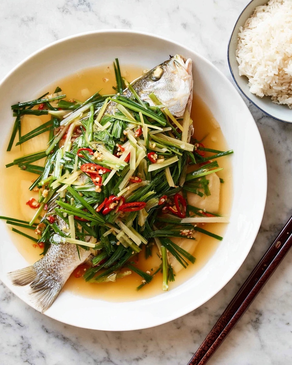 A whole steamed fish lies in the center of a large white plate, covered with long, thin green scallions and light, pale yellow ginger strips scattered on top. Small thin slices of red chili peppers add a touch of color on the heap of vegetables. The fish is partially submerged in a light brown soy sauce that pools around the base of the fish, mixing with a creamy pale yellow sauce. To the right, a pair of dark brown chopsticks rests horizontally on the white marbled surface next to a white bowl filled with fluffy white rice. The scene is bright and clean. photo taken with an iphone --ar 4:5 --v 7