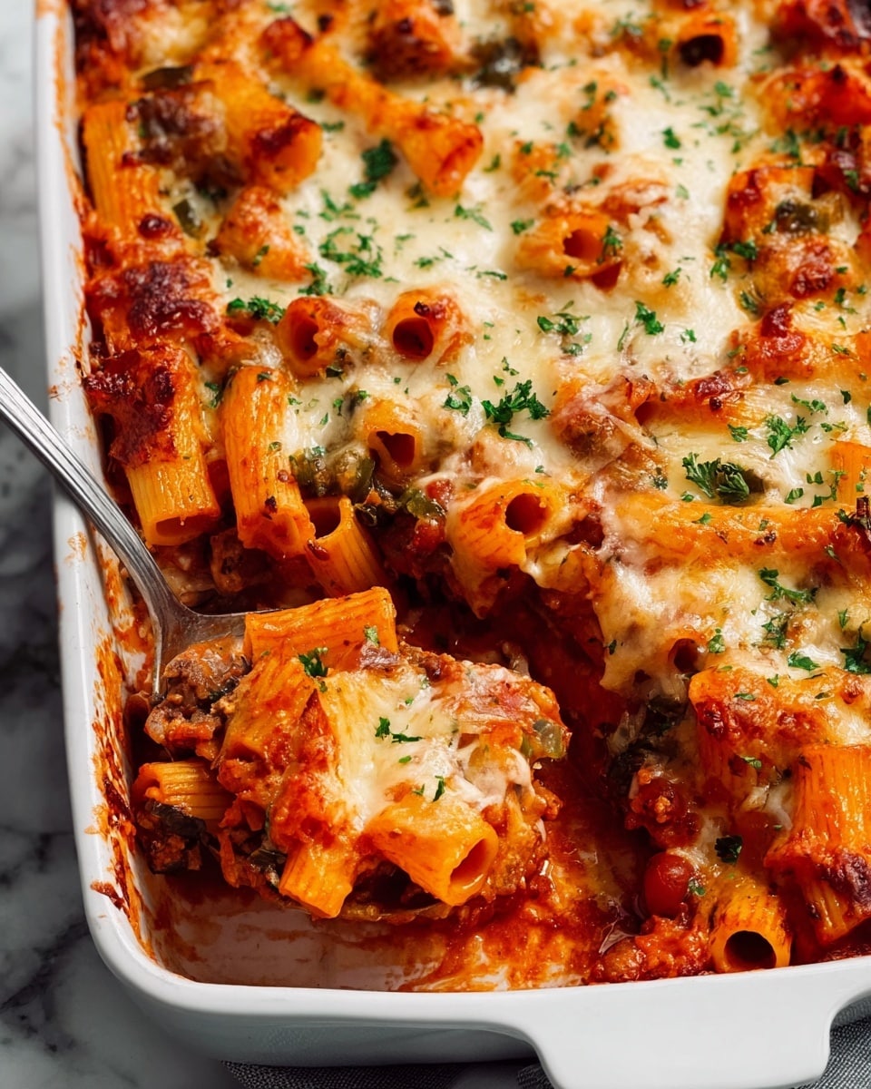 The image shows a close-up of a baked pasta dish in a white ceramic rectangular baking dish. The top layer is golden and bubbly melted cheese sprinkled with small chopped green herbs. Underneath, there are large tubes of rigatoni pasta covered in a rich red tomato sauce with visible pieces of tomatoes and bits of cooked vegetables, possibly spinach or herbs, spread through the dish. The edges of the pasta and cheese near the baking dish are slightly browned and crispy, showing a well-cooked texture. A metal serving spoon is lifting a portion from the right side, revealing the saucy pasta underneath. The background surface is a white marbled texture. photo taken with an iphone --ar 4:5 --v 7