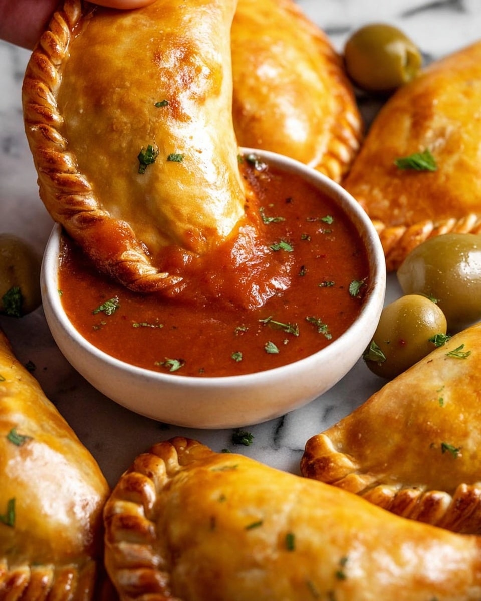 A close-up of a golden-brown empanada with a braided edge being dipped halfway into a small white bowl filled with thick red sauce that has tiny green herb bits on top and mixed inside; the empanada shows a shiny, crisp baked crust with smooth texture, held by a woman's hand from the upper left, while more empanadas with the same color and texture lay on a white marbled surface blurred in the background, along with a green olive and small green garnish near the front, creating a warm and inviting scene. photo taken with an iphone --ar 4:5 --v 7
