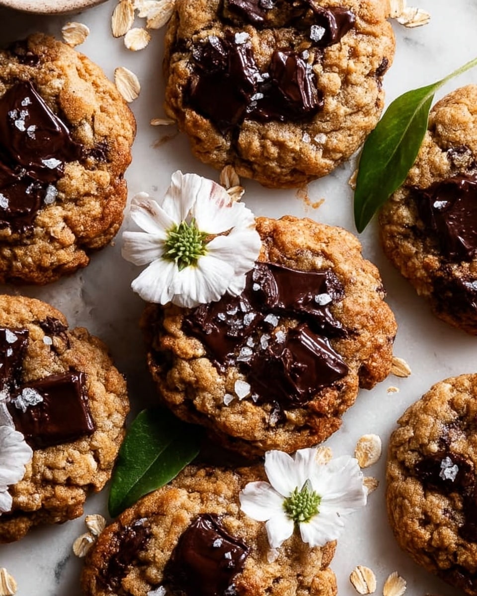 A close-up view of a group of oatmeal cookies scattered on a white marbled surface. Each cookie has a golden-brown color with visible oats and large chunks of melted dark chocolate spread unevenly on top. The cookies have a slightly rough texture with cracks and some salt flakes sprinkled over them. Among the cookies, there are two white flowers with green centers placed for decoration, adding a fresh look to the scene. photo taken with an iphone --ar 4:5 --v 7