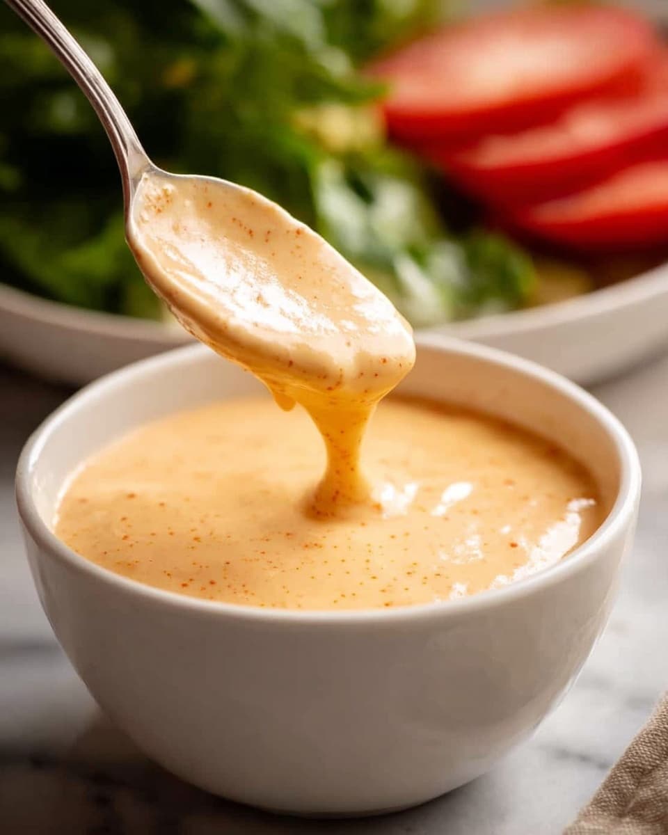 A white bowl filled with a thick, creamy sauce that has a light orange color with small darker specks throughout, showing a rich texture. A spoon lifts a generous scoop of the sauce, highlighting its smooth yet slightly chunky consistency. The bowl is set on a white marbled surface with fresh green lettuce leaves in the background and a sliced red tomato visible near the edge. Photo taken with an iphone --ar 4:5 --v 7