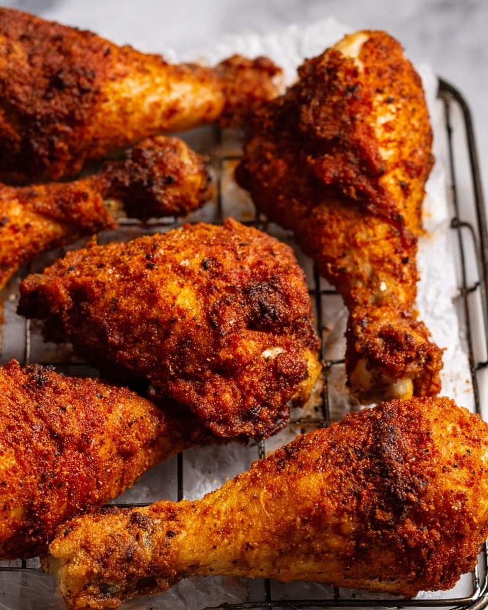 The image shows several crispy fried chicken drumsticks arranged on a black cooling rack. Each drumstick has a golden brown and reddish crust, with a rough, spicy texture that hints at a seasoned coating. The surface below the rack is white marbled, visible through the grid and between the chicken pieces, with a few fry crumbs scattered around. The drumsticks fill most of the frame, captured close-up to highlight their crunchy coating and slightly uneven cooking color, creating a warm and appetizing look. Photo taken with an iphone --ar 4:5 --v 7