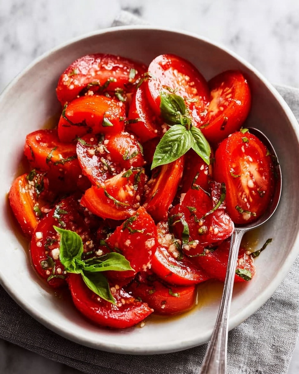 A round white bowl sits on a white marbled surface, filled with slices of bright red tomatoes cut into wedges. The tomato pieces are coated with a shiny layer of olive oil and small bits of minced garlic, and sprinkled with finely chopped green herbs. Fresh green basil leaves are placed on top as a garnish. A silver spoon rests inside the bowl, holding a few tomato slices. The overall look is fresh and colorful with a glossy, slightly wet texture from the dressing. photo taken with an iphone --ar 4:5 --v 7
