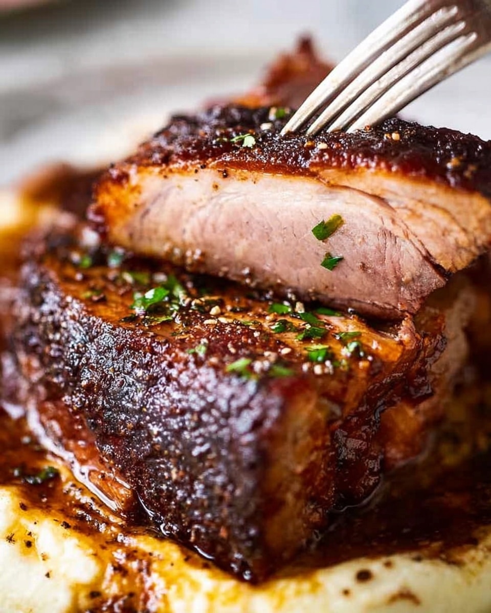 A thick piece of grilled meat with a dark charred crust sits on a bed of creamy yellow mashed potatoes sprinkled with black pepper. The meat is sliced, showing tender, juicy inside layers with a light pink center and a brown, glazed outer layer. The top slice is slightly lifted by a fork, revealing glossy sauce with green herb bits on the meat surface. The dish rests on a white plate, placed on a white marbled textured background. photo taken with an iphone --ar 4:5 --v 7