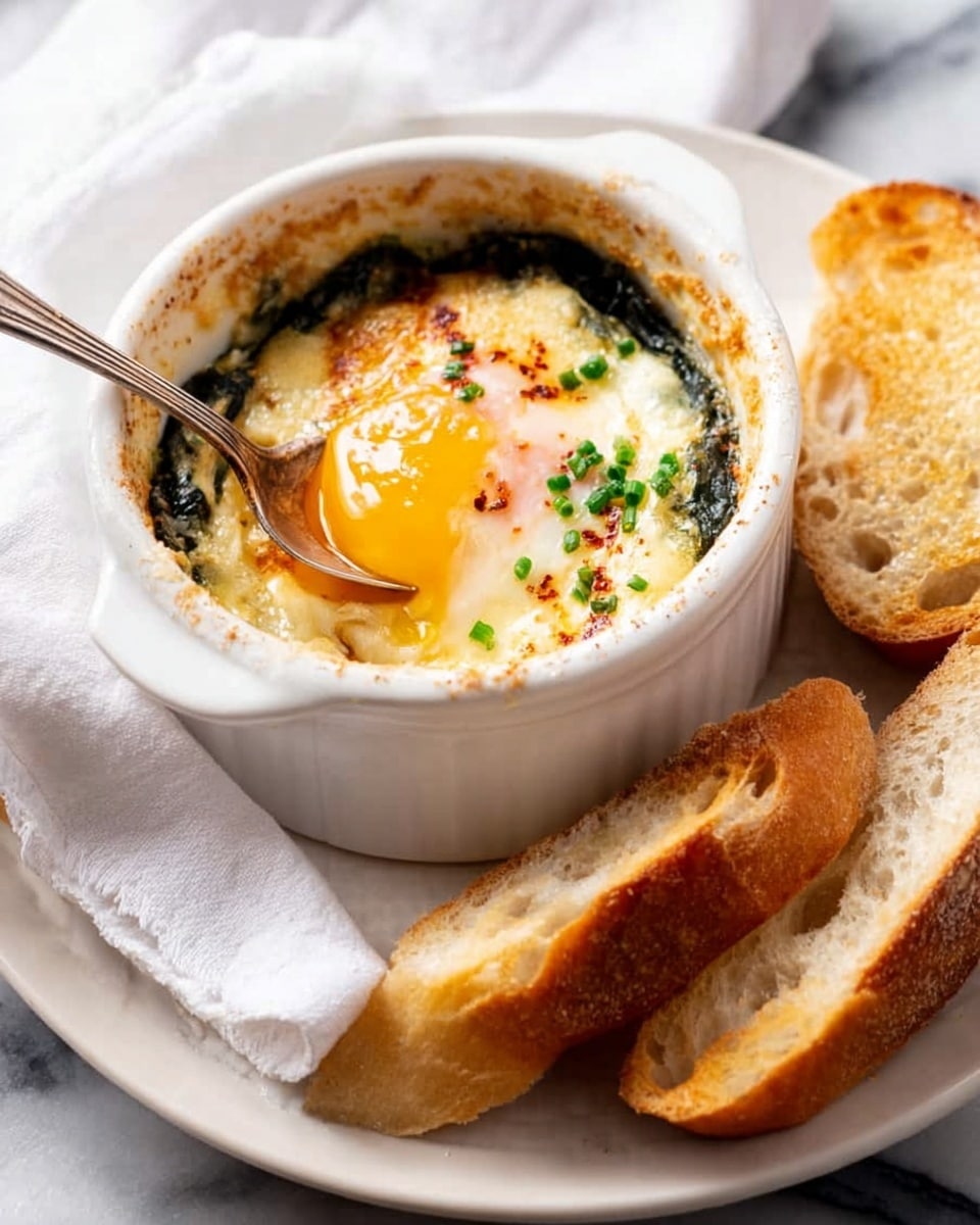 A white round ramekin filled with a baked egg dish showing three layers: the bottom dark green layer of cooked spinach, a middle layer of melted white cheese, and a top sunny yellow runny egg yolk sprinkled with green chopped chives and light red paprika. A golden vintage spoon is dipped into the egg yolk inside the ramekin. The ramekin sits on a white plate with a white cloth napkin wrapped around its base. On the plate, there are four slices of toasted white baguette bread with a golden crust, one slice partially buttered and closest to the camera. The whole setup is on a white marbled surface. photo taken with an iphone --ar 4:5 --v 7