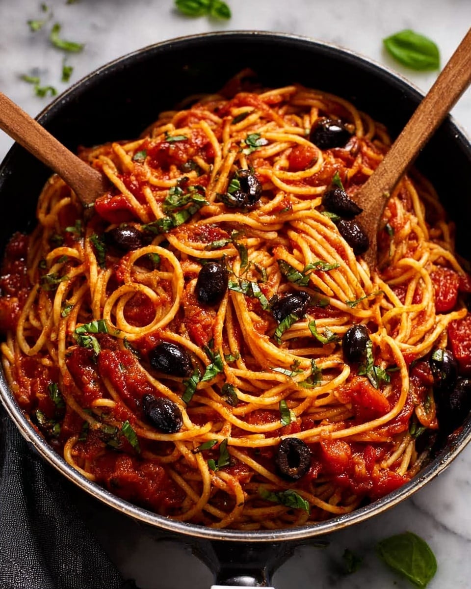 A black pan filled with spaghetti pasta covered in a bright red tomato sauce mixed with black olives and scattered fresh green basil leaves on top; the spaghetti strands look soft and slightly shiny, twisted around two wooden spoons lifting a portion from the pan; the background is a white marbled texture with a few basil leaves around the pan, photo taken with an iphone --ar 4:5 --v 7