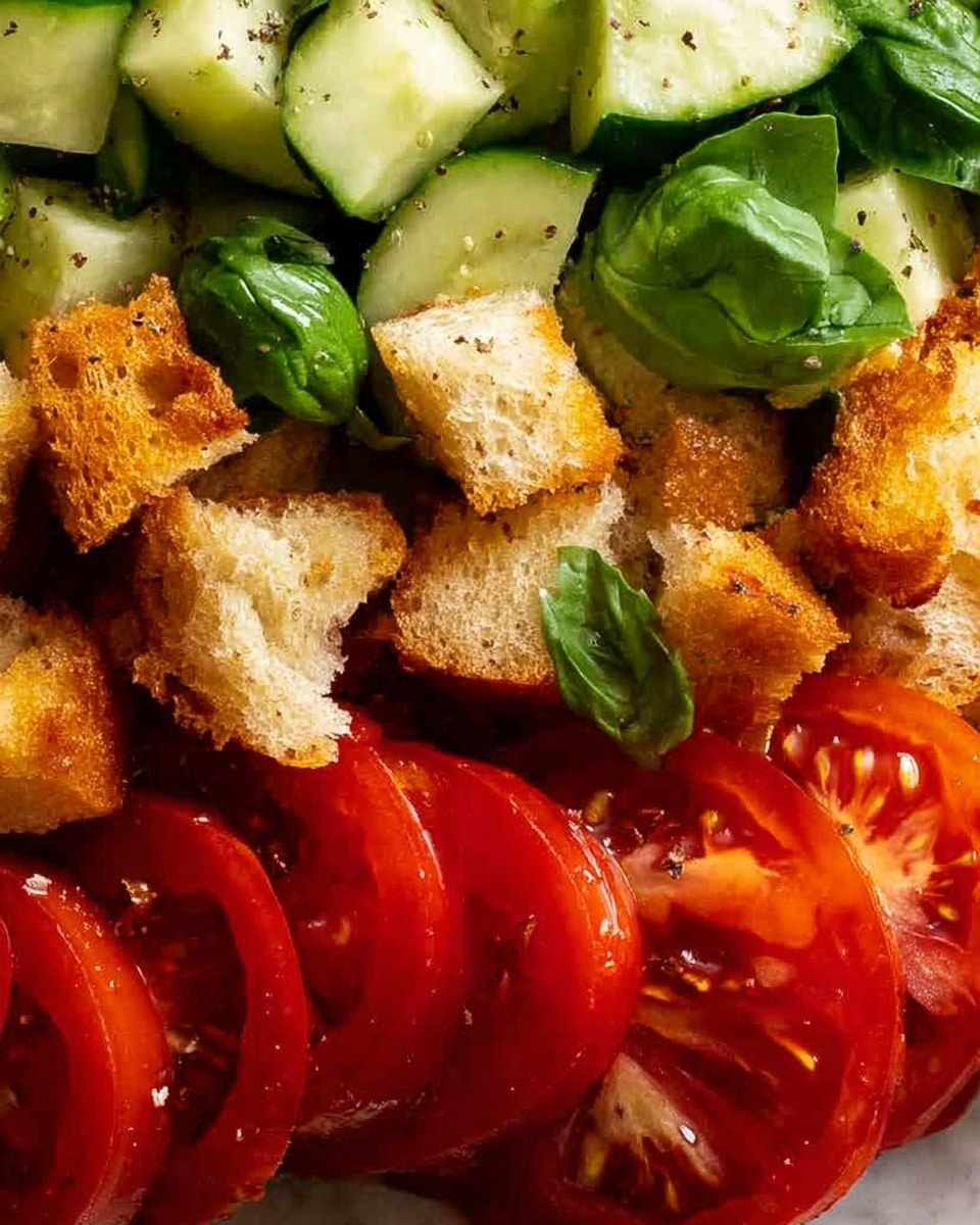 This close-up image shows a fresh salad with three clear layers. The bottom layer is made of bright green leaves with a slightly shiny, smooth texture. On top of the leaves is a layer of sliced red tomatoes, each piece glossy with visible seeds and a juicy texture. The top layer contains light golden brown, crunchy croutons, some with a slightly rough, toasted surface. The whole dish sits on a white bowl placed on a white marbled surface. The lighting highlights the freshness and textures of each ingredient. Photo taken with an iphone --ar 4:5 --v 7