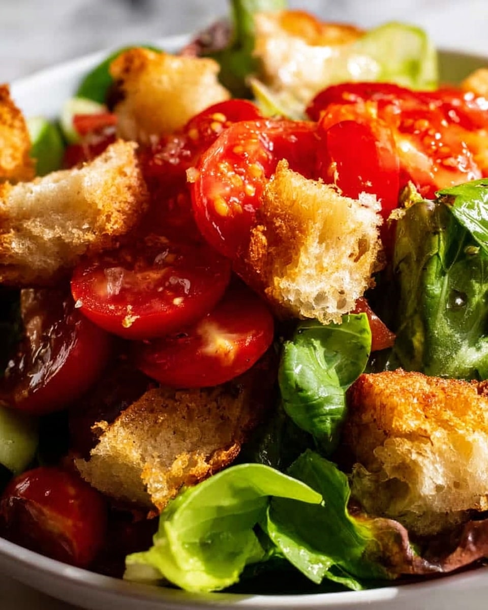 A close-up view of a fresh salad with three main layers fills the image. The bottom layer features thick slices of bright red tomato with visible seeds and shiny surfaces. Above the tomato layer, there are chunks of light green cucumber with smooth, slightly moist skin, some having small dark green basil leaves on top. The topmost layer shows golden-brown, crispy croutons with a crunchy texture and small black pepper specks sprinkled over the ingredients. The entire scene is set against a white marbled texture. Photo taken with an iphone --ar 4:5 --v 7