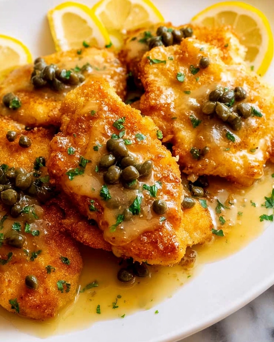 The image shows a close-up of several golden brown pieces of chicken, each covered with a glossy, light yellow sauce that has visible whole capers on top. The chicken pieces have a crispy texture with small green herb sprinkles scattered over them. On the right side of the plate, there are thin lemon slices adding a fresh, bright yellow contrast. The dish is presented on a white plate with a white marbled texture background. photo taken with an iphone --ar 4:5 --v 7
