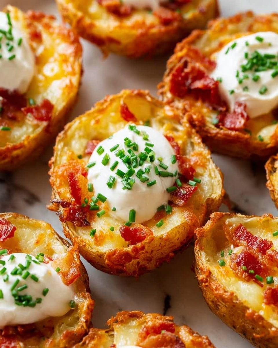 The image shows several crispy potato skins arranged closely together, each filled with melted light yellow cheese and small, crispy red bacon pieces. On top of each potato skin is a dollop of smooth white sour cream, garnished with tiny bright green chopped chives scattered evenly. The potatoes have a golden-brown, textured outer skin, and the fillings look warm and gooey. The scene is set against a white marbled surface. photo taken with an iphone --ar 4:5 --v 7