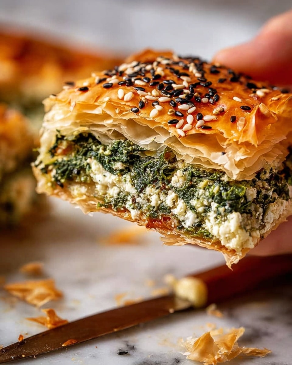 A close-up of a slice of spinach and feta pie held by a woman's hand, showing three main layers: a top layer of thin, golden-brown, crispy phyllo dough sprinkled with black sesame seeds, a middle layer filled with bright green spinach mixed with white crumbled feta cheese, and a bottom layer of more flaky phyllo dough. The background has scattered crumbs and a knife resting on white marbled texture. The scene highlights the flaky and textured details of the pie crust and the moist, crumbly filling. Photo taken with an iphone --ar 4:5 --v 7